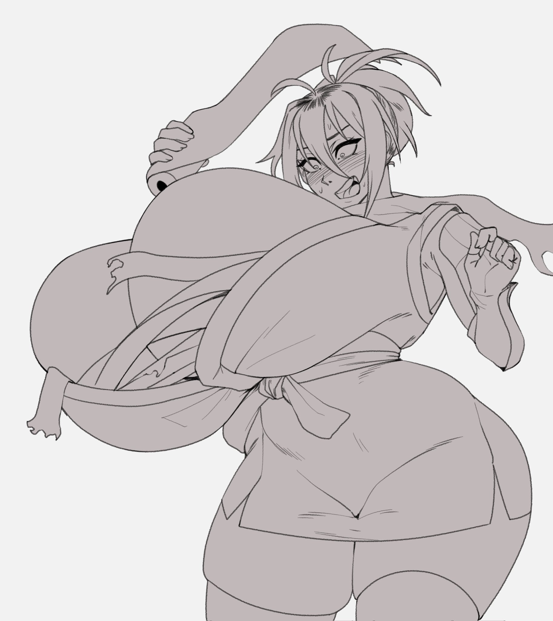 1girls, 2d, ass, bandaged chest, blush, breast expansion, breast growth, breast growth (enlargement), breasts, breasts bigger than head, bursting breasts, cleavage, expansion, female, female focus, gigantic ass, gigantic breasts, gigantic butt, gigantic thighs, growth, growth drive, highres, hyper, hyper breasts, manyuu chifusa, manyuu hikenchou, open mouth, short hair, sketch, smile, solo, strongmoist, thick thighs, thighhighs, thighs, torn clothes, wardrobe malfunction, white background, wide hips, zettai ryouiki