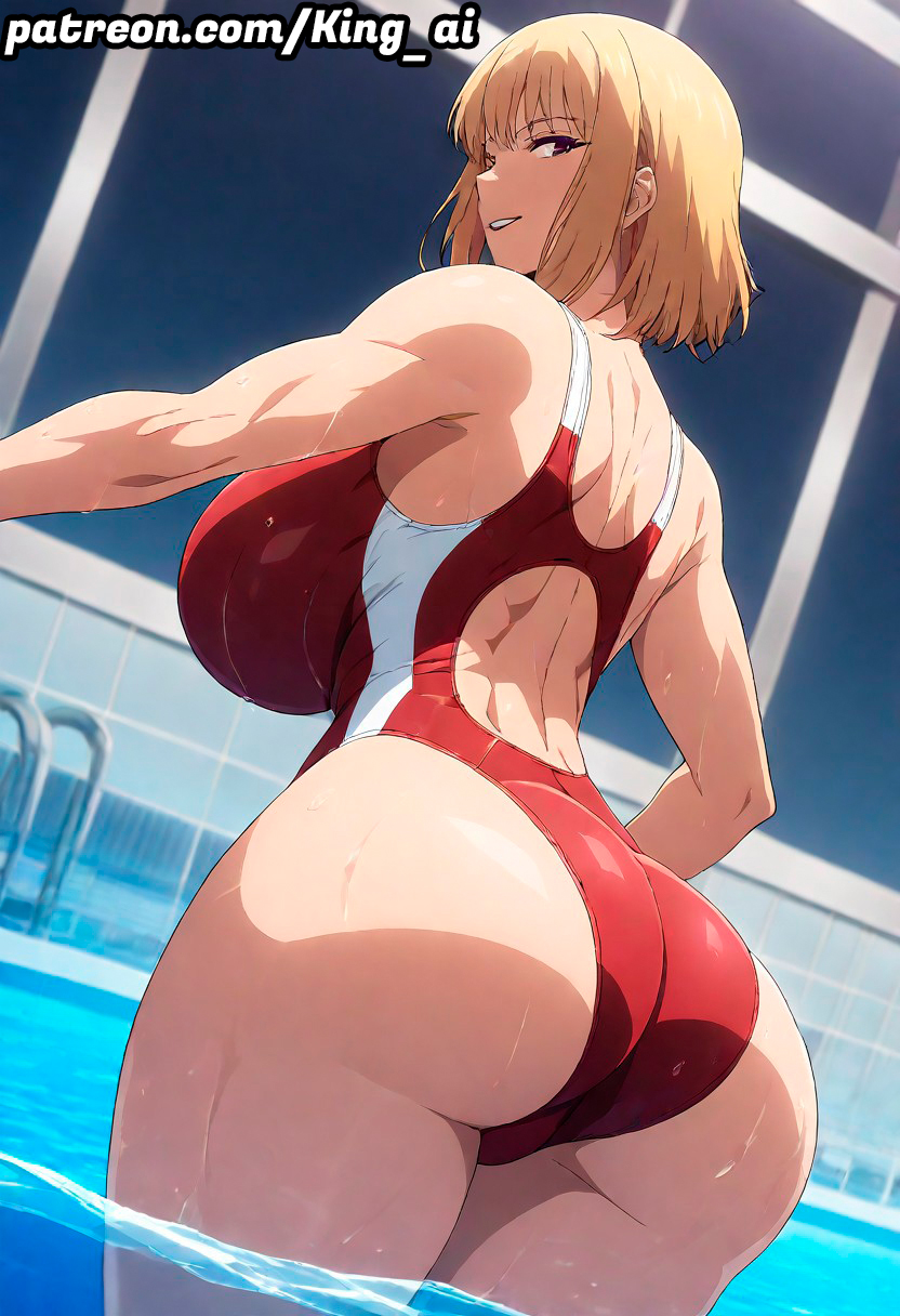 1girls, ai generated, ass, blonde female, blonde hair, breasts, cha hae in, female, focus on ass, king ai, one piece swimsuit, ponytail, purple eyes, pussy, solo leveling, stable diffusion, swimsuit, swimsuit aside