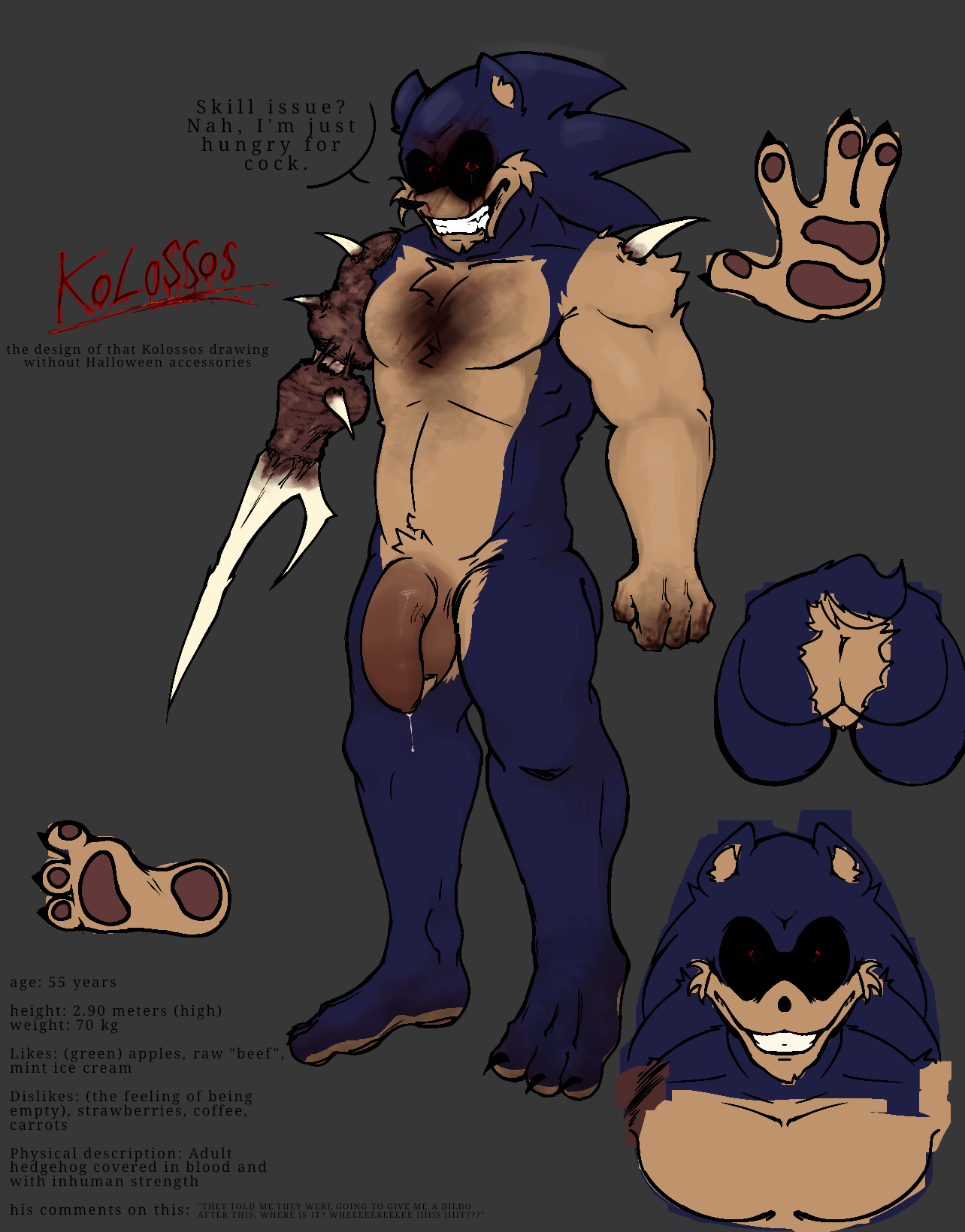 1boy, anthro, arm blade, ass, bara, big bottom, blood, bluefur, character sheet, firm ass, flaccid, flaccid penis, furry, hedgehog humanoid, humanoid genitalia, kolossos, male, model sheet, muscular, muscular anthro, muscular male, penis, red eyes, reference sheet, smiling at viewer, sonic (series), sonic.exe, sonic.exe (series), sonic.exe the disaster, sr mercury w, text bubble, yaoi