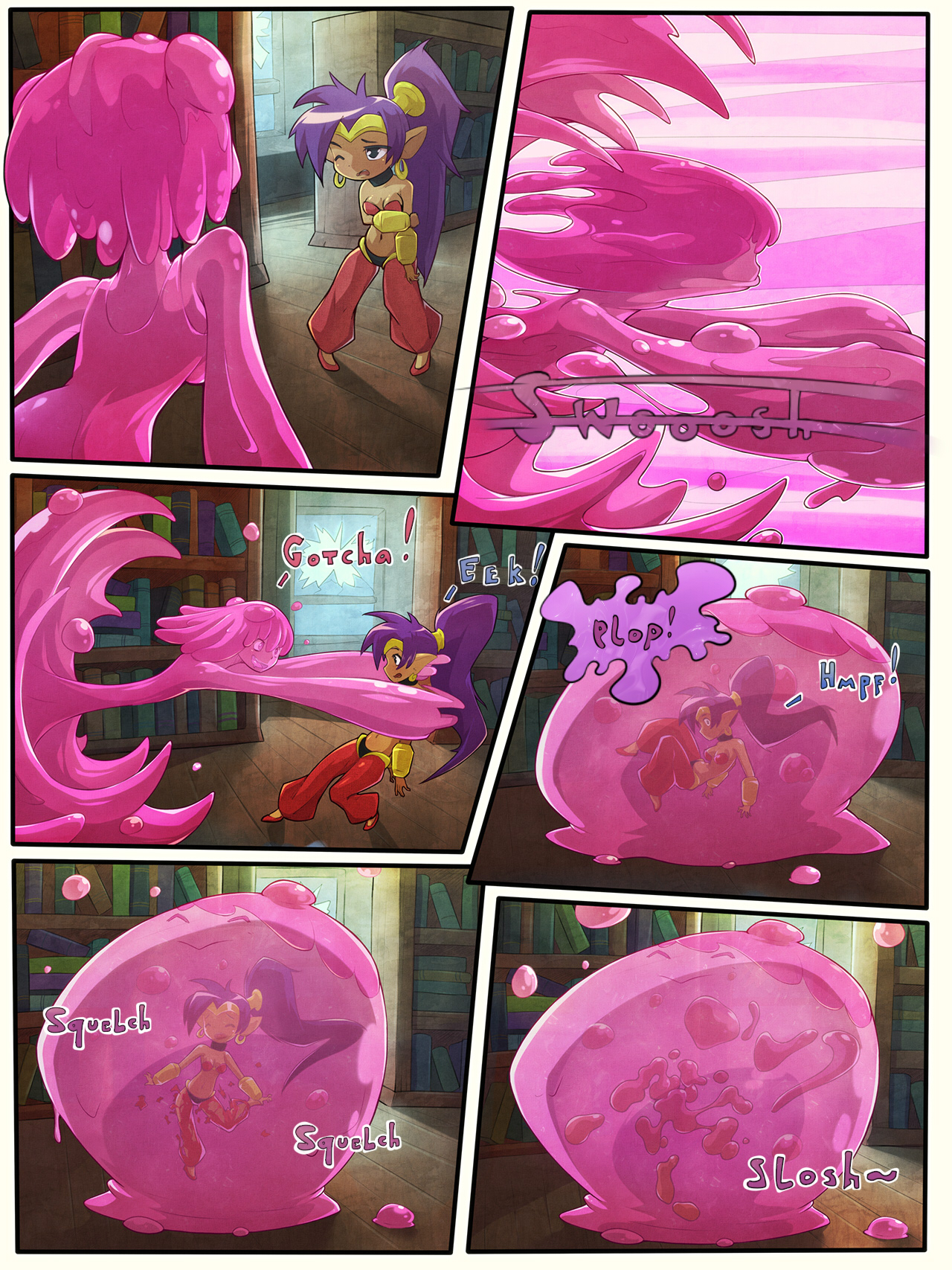 2girls, absorption vore, acerok, bad end, death, digestion, digestion sequence, dissolving, eaten alive, female, female prey, martyz-art, pink slime, revealing clothes, shantae, shantae (character), slime, slime girl, slimegal, snuff, vore