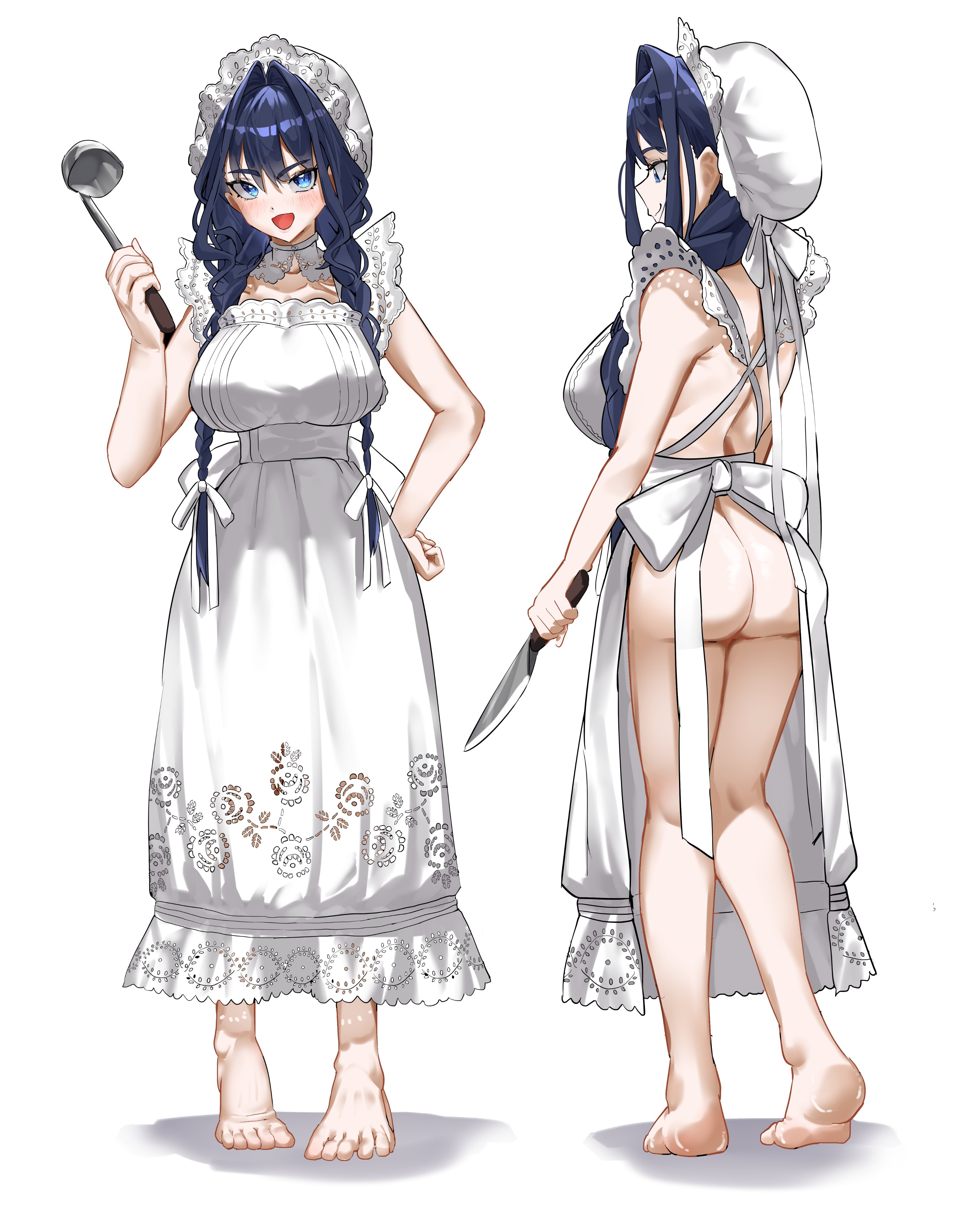 ass, big ass, big breasts, blue eyes, blue hair, breasts, female, garter straps, hololive, hololive english, hololive english -council-, hololive english -promise-, koizumi arata, light skin, light-skinned female, looking at viewer, maid, maid headdress, maid uniform, ouro kronii, ouro kronii (maid), thick, thick ass, thick thighs, thighhighs, twin braids, virtual youtuber