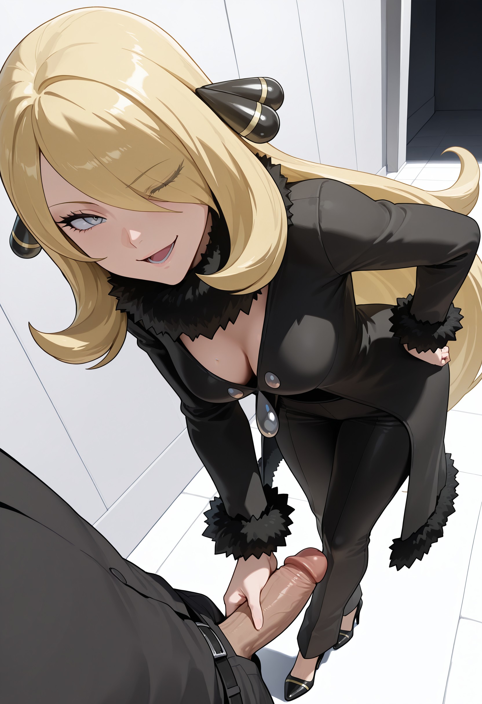 1boy, 1girls, ai generated, black clothes, black pants, black shirt, blonde hair, cleavage, cynthia (pokemon), faceless male, female, game freak, grey eyes, hair ornament, hair over one eye, hand on hip, handjob, heels, high heels, kslgsnb, leaning forward, long hair, looking at viewer, male, one eye closed, open mouth, pokemon, pokemon dppt, smile, straight, yodayo