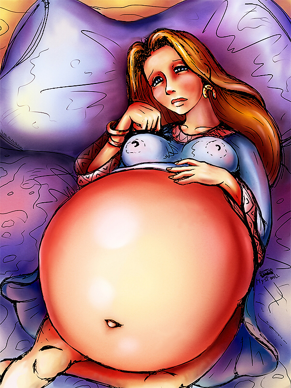 blonde_hair blue_dress blue_eyes female inflation lying_on_bed milf mystwell overeat pagan pain stuffing