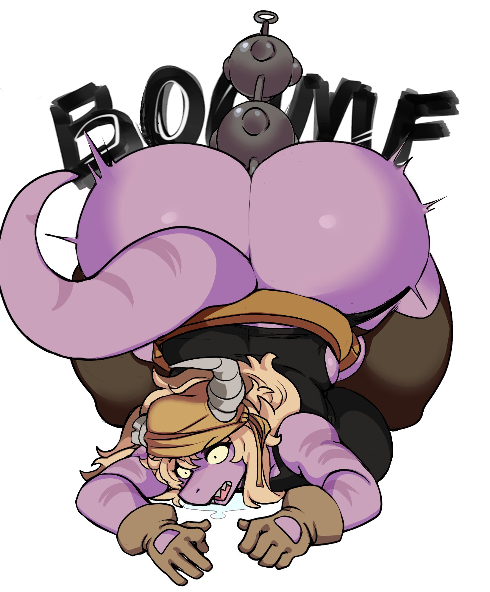 1girls, anal beads, anthro, ass, big ass, big breasts, big butt, blonde hair, breasts, cass (simplifypm), drool, drooling, explosion, female, female focus, female only, grin, horns, huge ass, huge butt, panties, pb doodles, pulling panties, purple body, purple skin, solo, surprised, tail, text, the simplifypm-verse, wide eyed