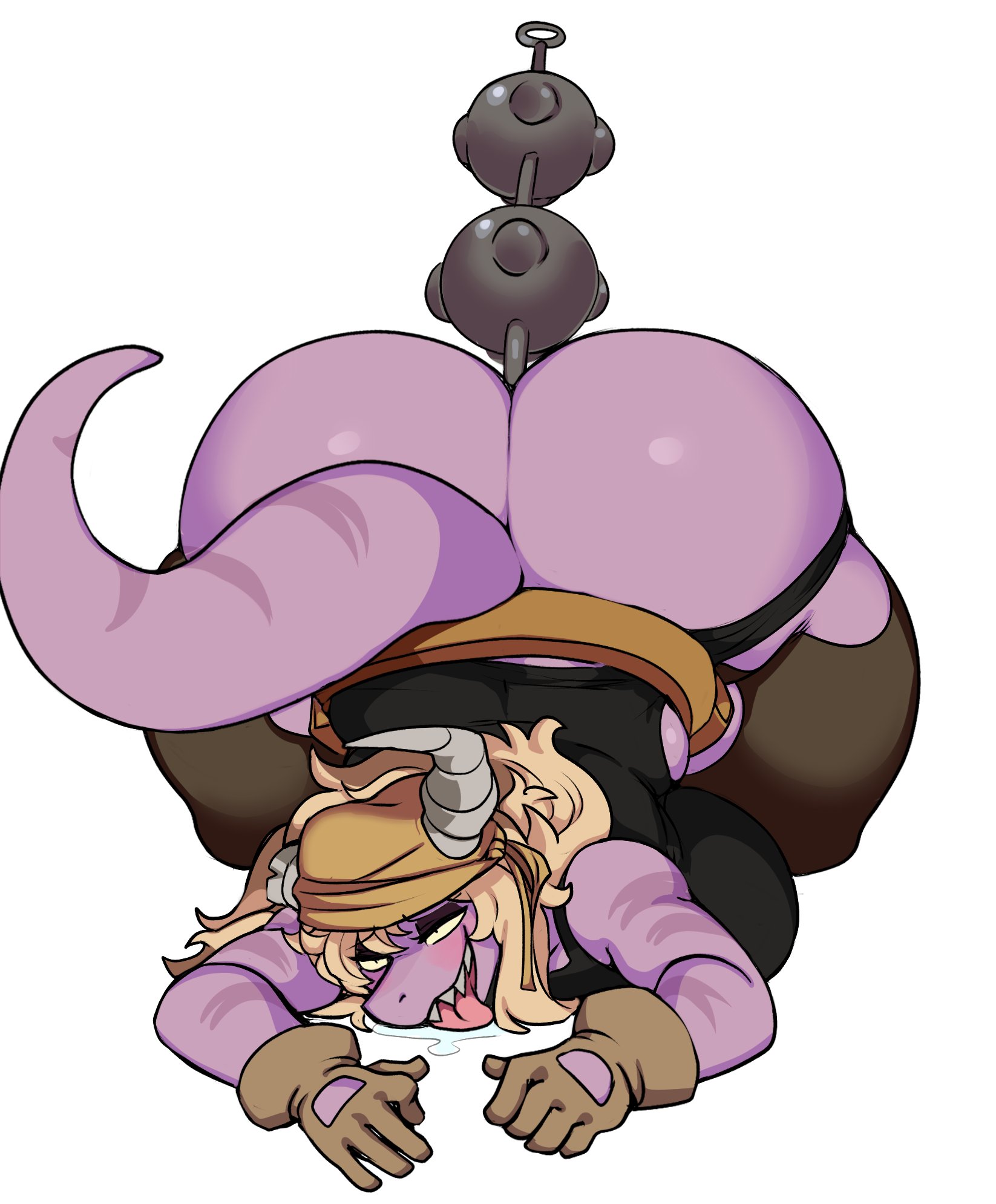 1girls, anal beads, anthro, ass, big ass, big breasts, big butt, blonde hair, breasts, cass (simplifypm), drooling, female, female focus, female only, gloves, grin, horns, huge ass, huge butt, panties, pb doodles, pulling panties, purple body, purple skin, solo, tail, the simplifypm-verse