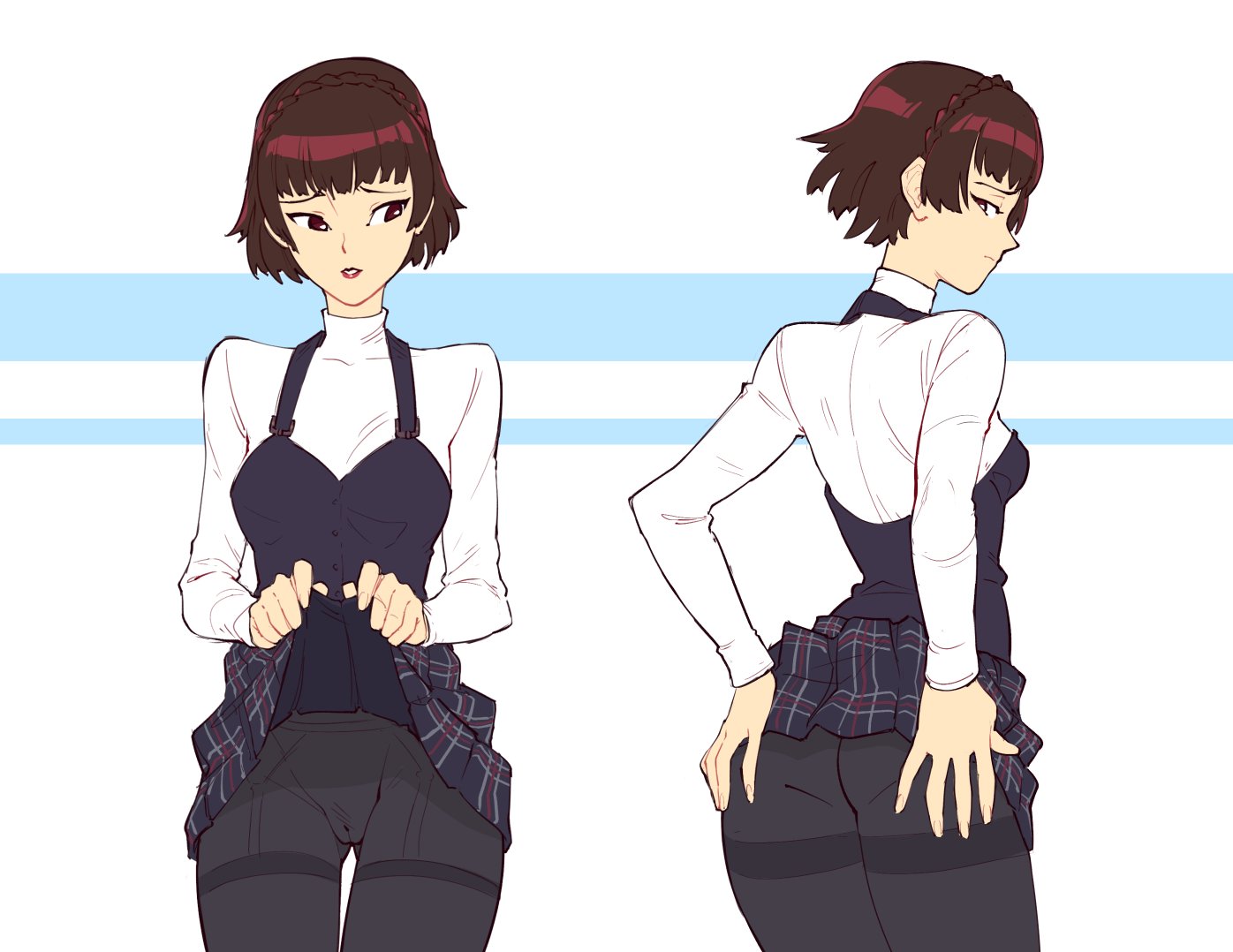 1girls, 2025, 2d, 2d (artwork), asian, asian female, ass, brown eyes, brown hair, cameltoe, clothed, clothed female, female, fully clothed, heroine, human, human only, japanese, japanese female, light skin, light-skinned female, looking away, looking back, makoto niijima, nervous, no sex, pantyhose, persona, persona 5, pussy, short hair, shy, simple background, skirt, skirt lift, skirt lifted by self, solo, solo female, suoiresnu, teenage female, teenager, thick thighs, thighs, white background