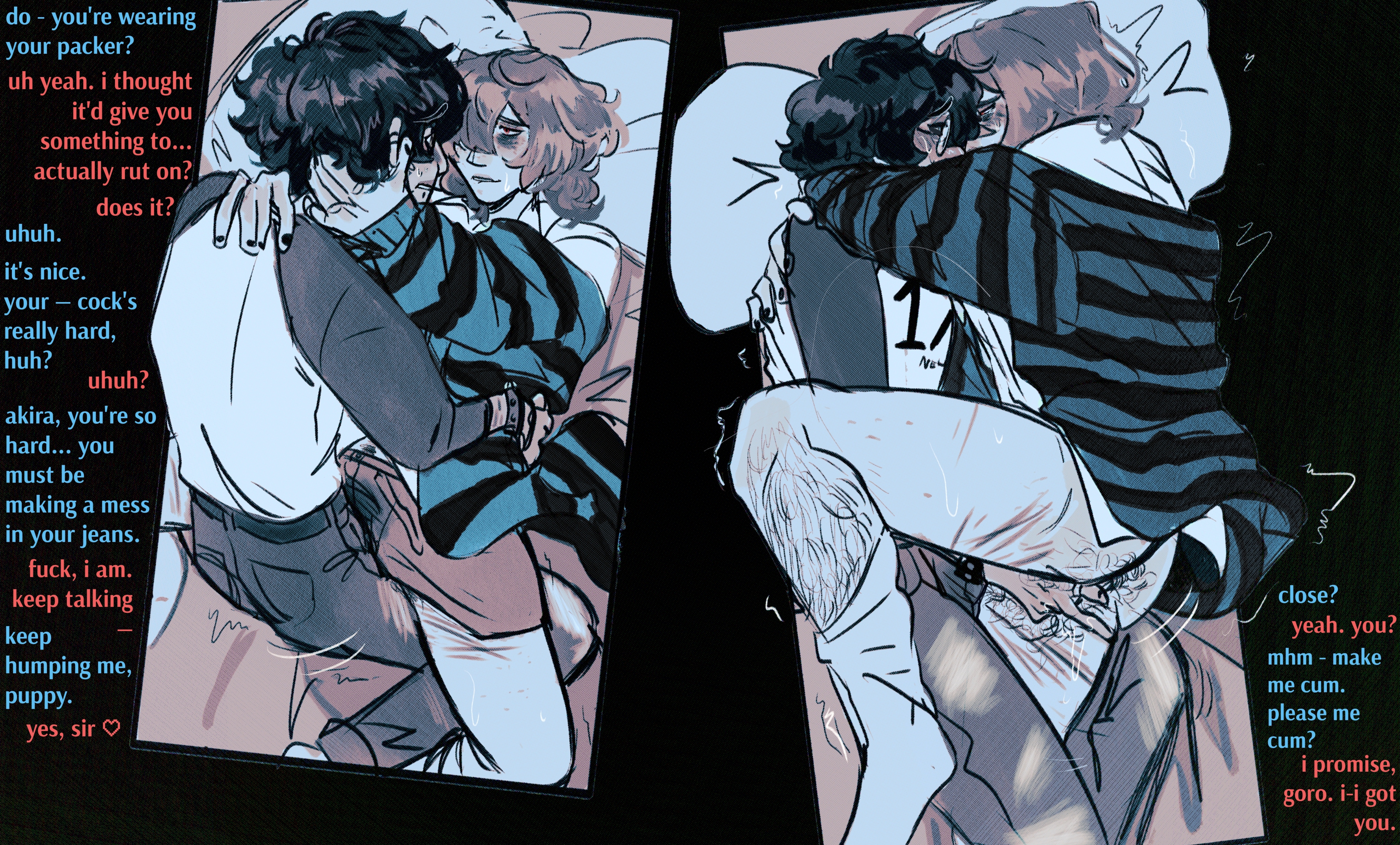 akira kurusu, cuntboy, cuntboy on cuntboy, fingering, goro akechi, grinding, grinding through clothes, hugging, intersex, joker (persona), liveleaksakc, partially clothed, persona 5, persona 5 royal, ren amamiya, self harm scars, transmasc