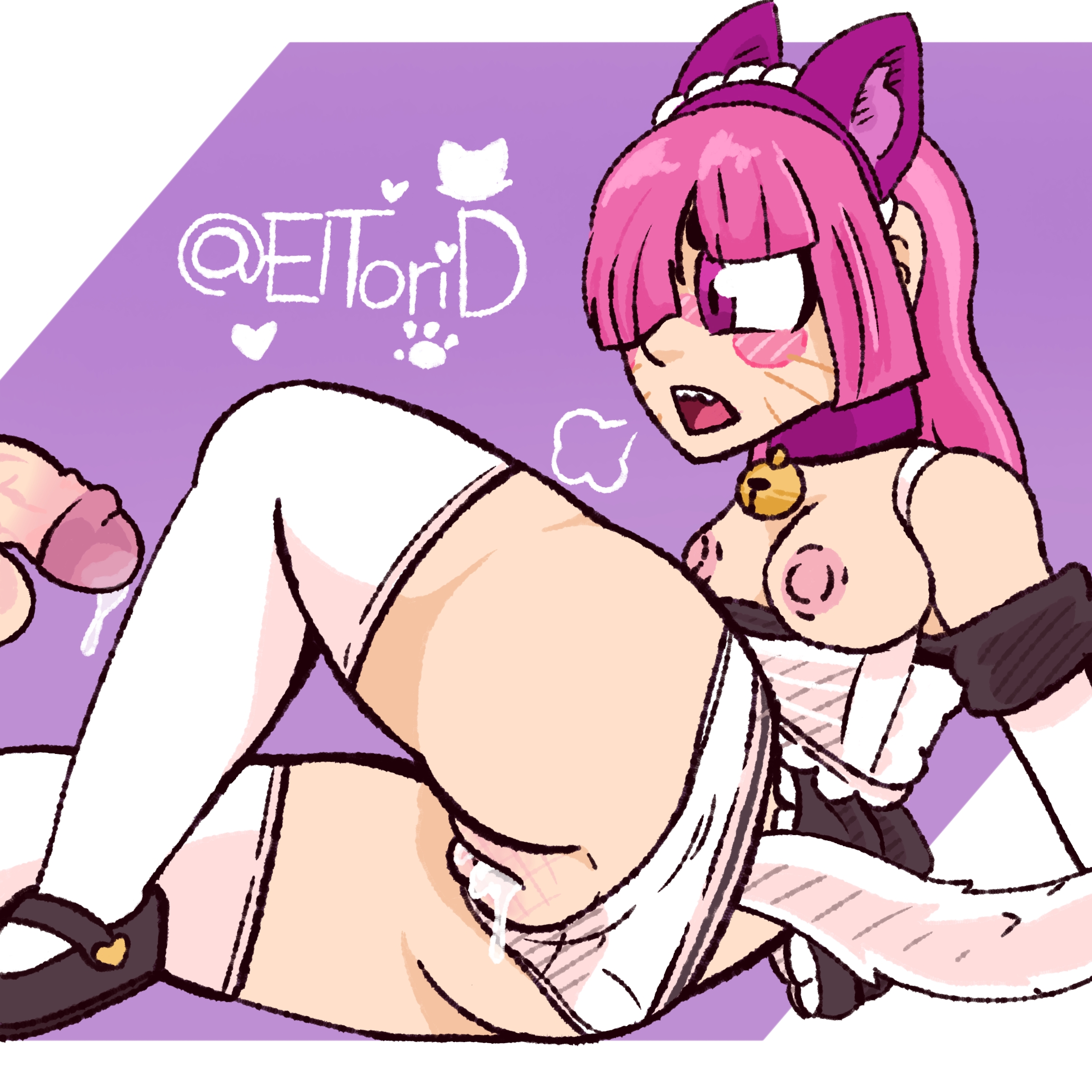 1boy, 1girls, blush, brawl stars, breasts, cat ears, cat tail, cock, colette (brawl stars), cum, cum in pussy, female, male, panties, penis, pussy, supercell, thighhighs