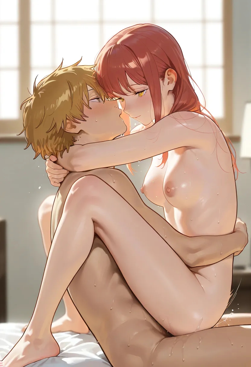 ai generated, barefoot, chainsaw man, completely nude, cowgirl position, denji (chainsaw man), female, hug, makima (chainsaw man), nude, pussy, sex, vaginal penetration
