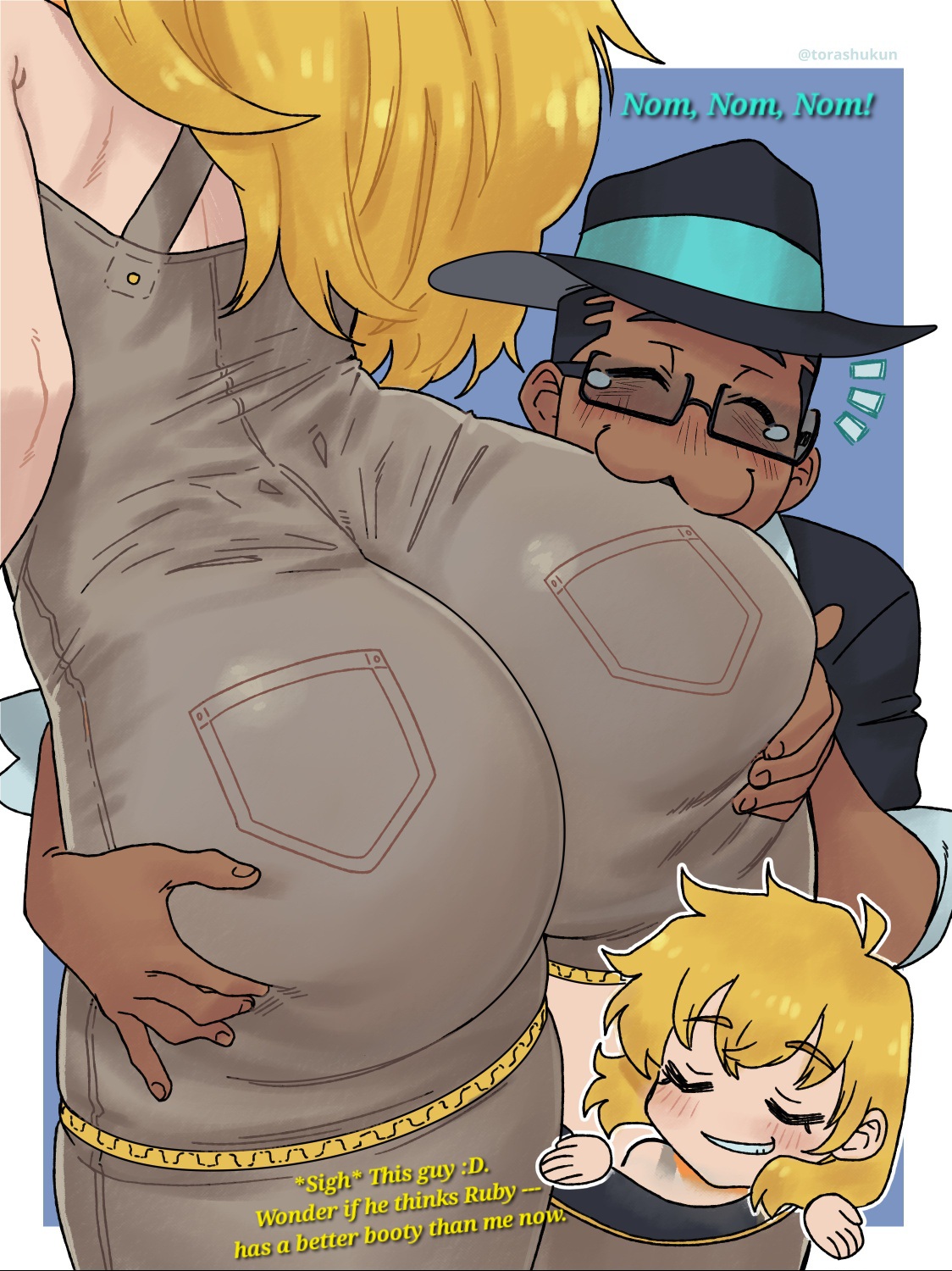 :3, 1boy, 1girls, ass, ass focus, ass grab, booty, booty focus, dark-skinned male, flynt coal, interracial, rwby, tagme, torashu-kun, yang xiao long