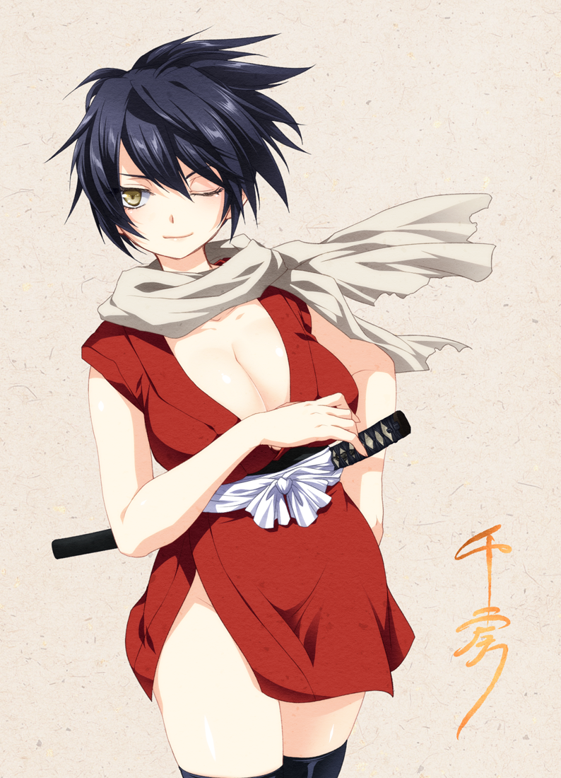 black_hair black_thighhighs breasts brown_eyes cleavage female female_focus jyuru katana large_breasts light_smile manyuu_chifusa manyuu_hikenchou ninja one_eye_closed scarf sheath sheathed short_hair solo sword thighhighs weapon wink
