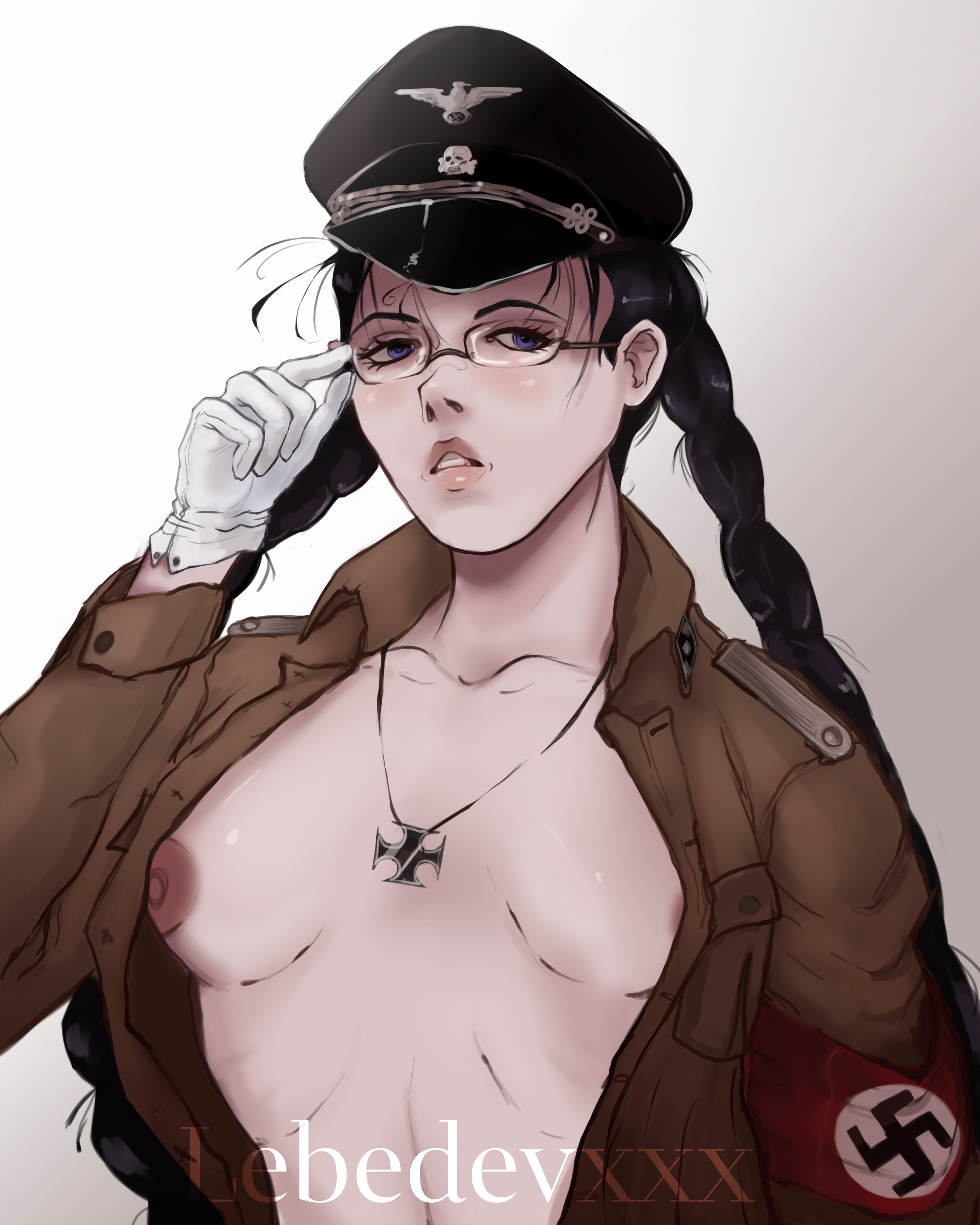 1940s, 40s, breasts, fem ss officer, female, flat chest, german female, glasses, hellsing, hellsing ultimate, history, naked chest, nazi, rip van winkle, seductive, seductive look, small breasts, twin braids, world war 2, ww2