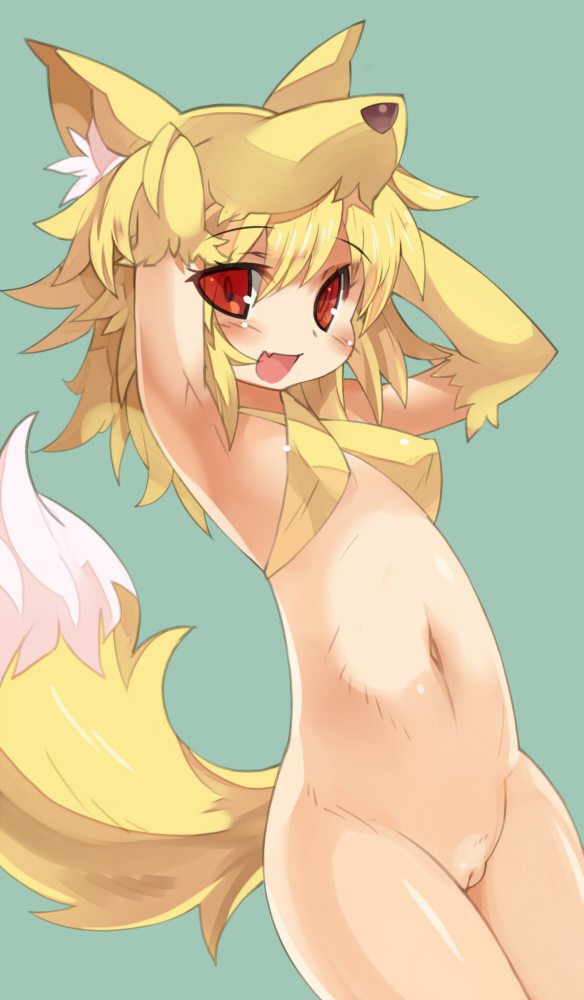 animal_ears beige_skin blonde_fur blonde_hair blush bottomless breasts color elbow_gloves female female_only fox_ears fur furry_tail gloves green_background moonlight_flower navel open_eyes open_mouth pussy ragnarok_online raised_tail red_eyes short_hair simple_background solo standing tail thighhighs tsuderou vulva white_fur