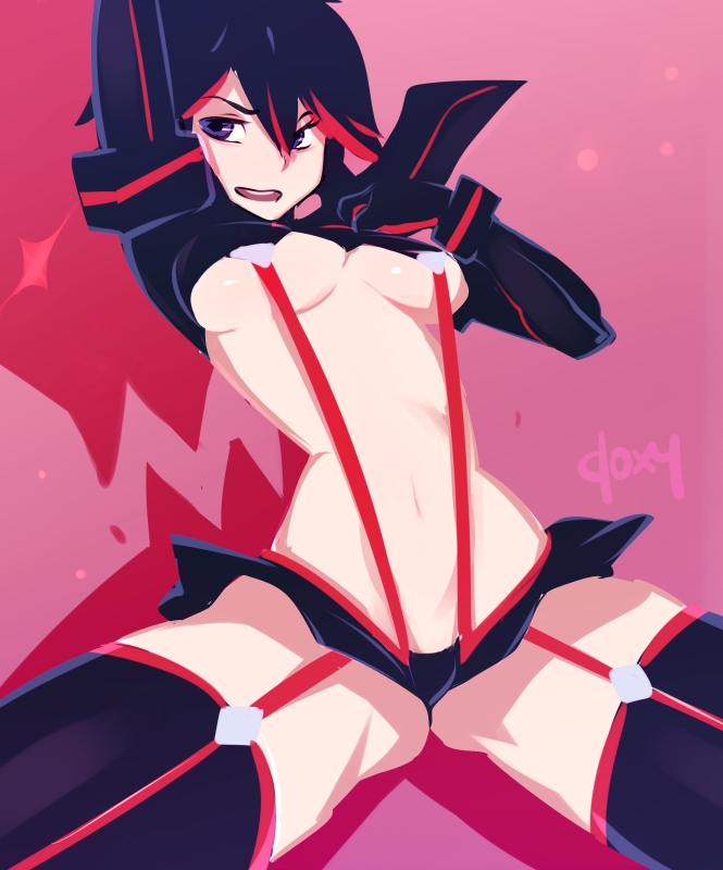 1girls, armor, arms up, bikini armor, black hair, blue eyes, breasts, doxy, female, garter straps, gloves, hourglass figure, kill la kill, matoi ryuuko, navel, senketsu, short hair, skirt, solo, suspenders, thigh boots, thong, two-tone hair, underboob