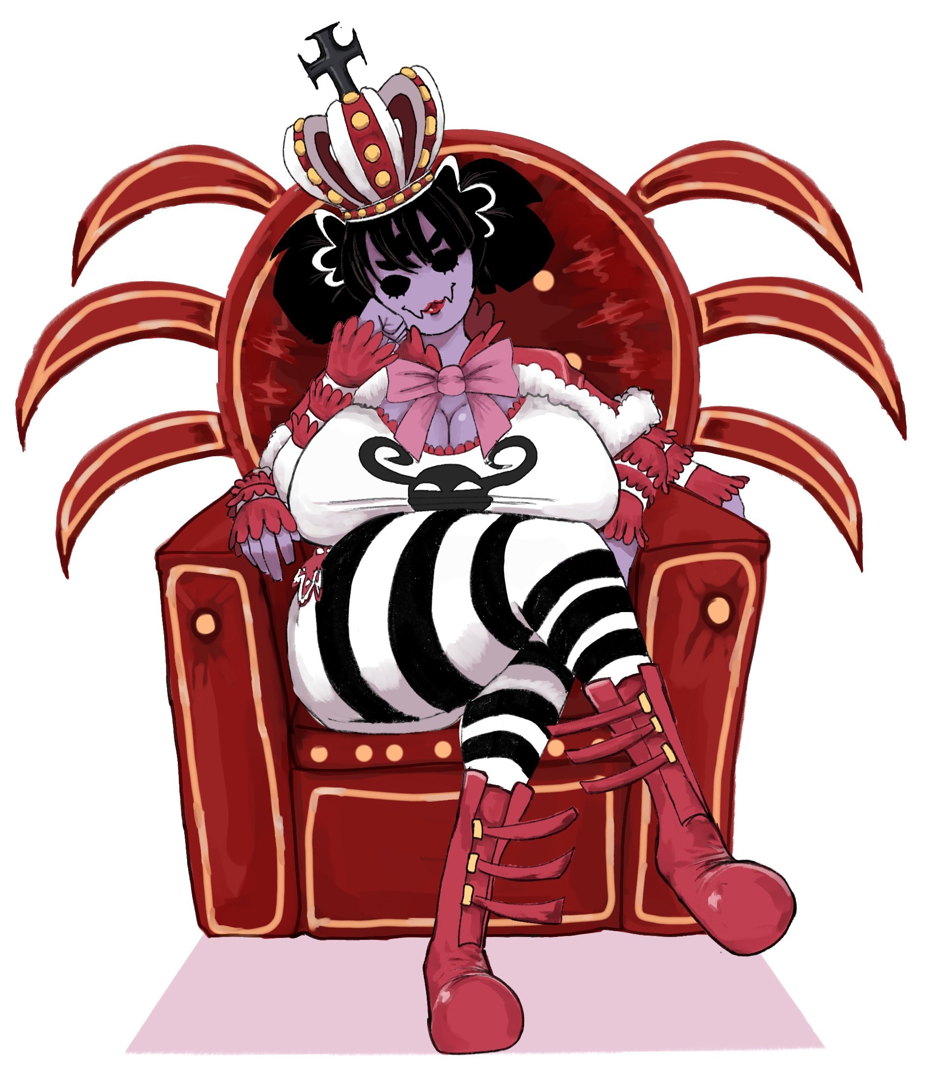 1girls, 4 arms, 5 eyes, big breasts, black hair, boots, bowtie, bowtie collar, breasts, cleavage, clothed, clothing, crossover cosplay, crown, female, female only, hair, huge breasts, huge thighs, leg over thigh, looking at viewer, monster girl, muffet, multi arm, multi eye, multi limb, no background, one piece, perona (cosplay), purple body, red chair, simple background, simple eyes, spider girl, spider humanoid, striped legwear, thick thighs, throne, thunder thighs, thunderthighs, undertale, undertale (series), white background, white shirt, zackocafeina
