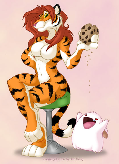 2006 anthro breasts chibi cookie couple crumbs cute fangs feline female fur furry hair lagomorph long_hair looking_at_viewer nude orange_fur rabbit red_eyes red_hair sitting spunky stool stripes tiger watermark white_body