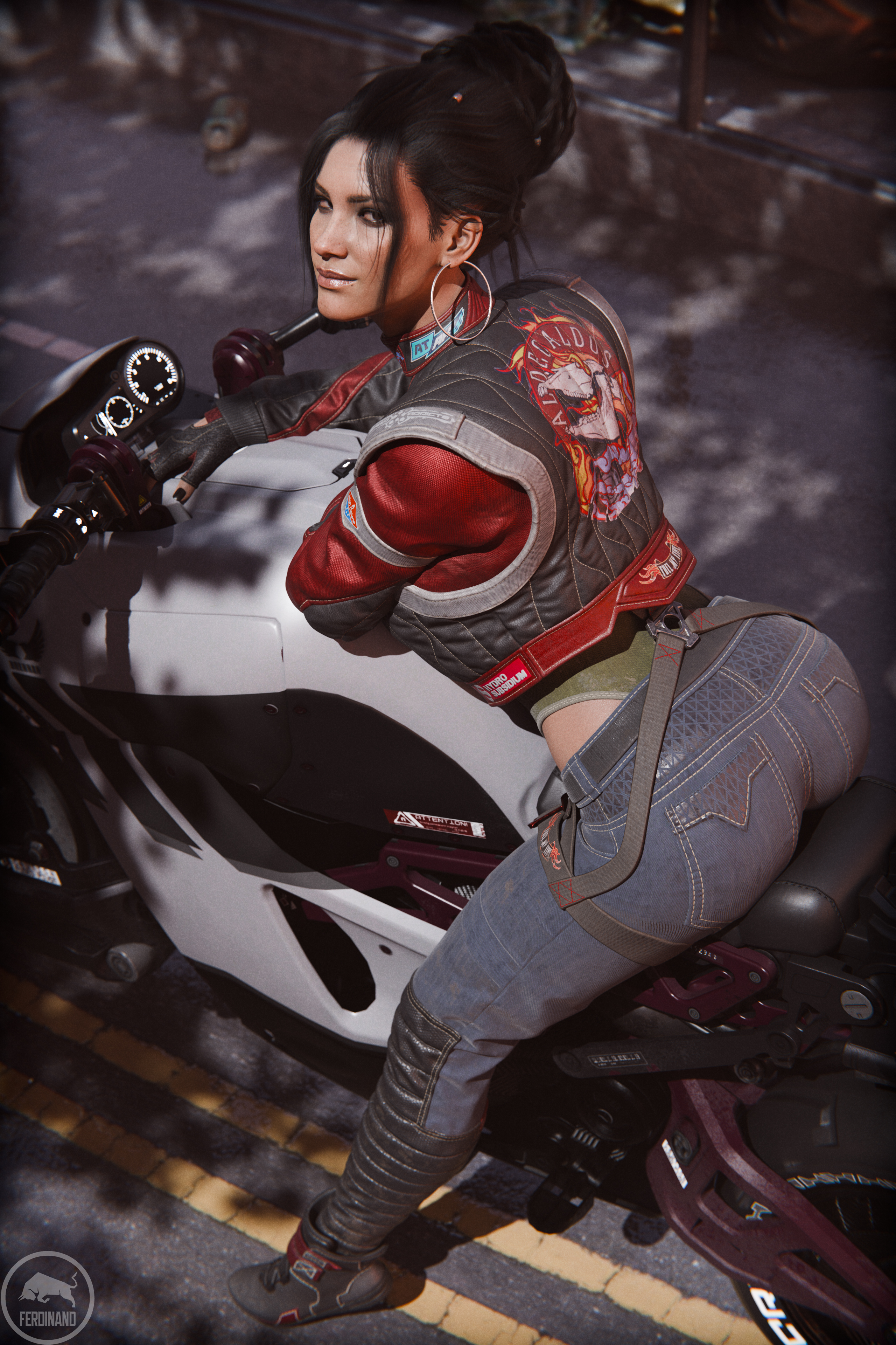 1girls, 3d, blender, cyberpunk 2077, female, ferdinand (artist), motorcycle, panam palmer, riding, solo