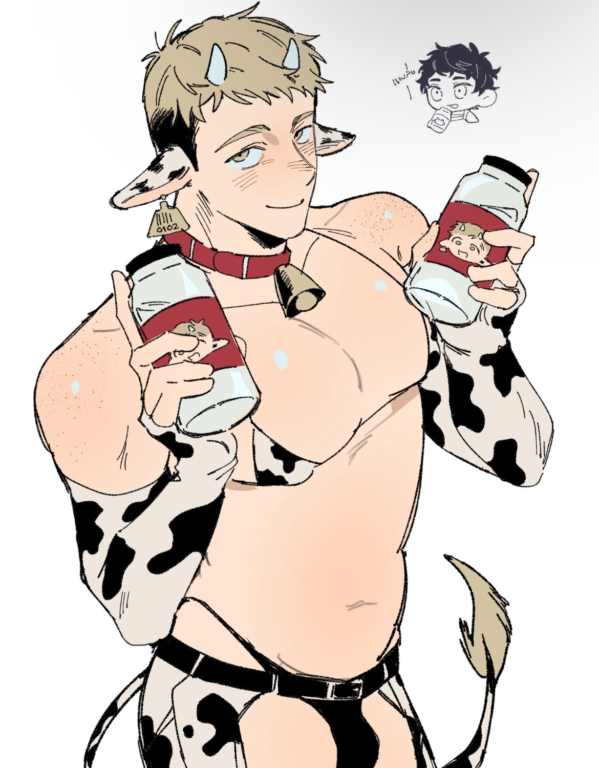 big pecs, bikini, chaps, clothed, cow print bikini, dilf, dungeon meshi, femboy, femboy dilf, gay, gay male, kabru, laios touden, male, male focus, male only, partially clothed, pecs, tsmtsuki, yaoi
