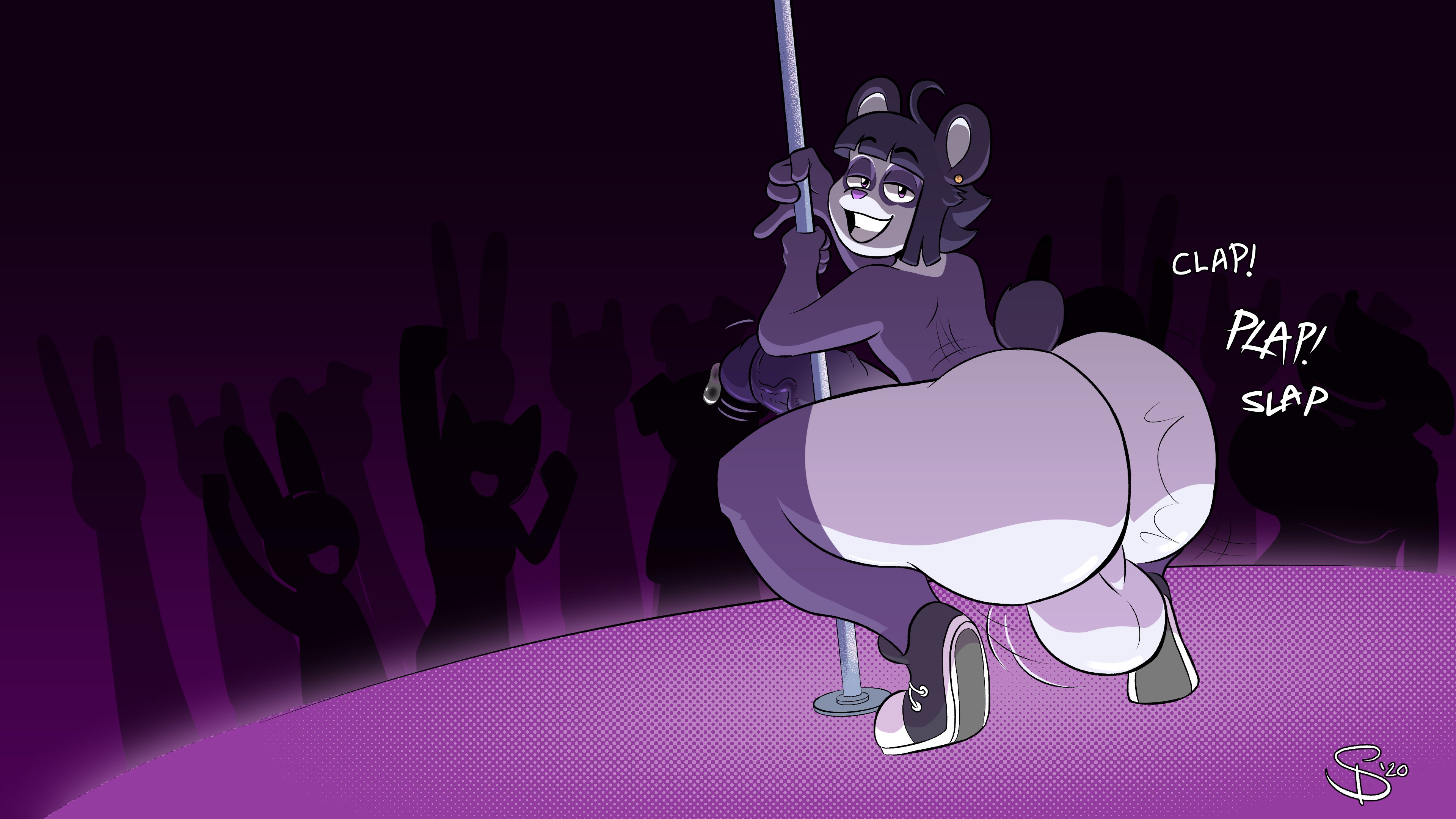ass, ass focus, big ass, big butt, big penis, clapping cheeks, crowd, crowd watching, femboy, furry, gay, hair, male, panda, penis, pole, pole dancing, precum, purple body, shoes, squealydealy, stripper pole, tagme, twerking, zhen fou-lu (megatome)