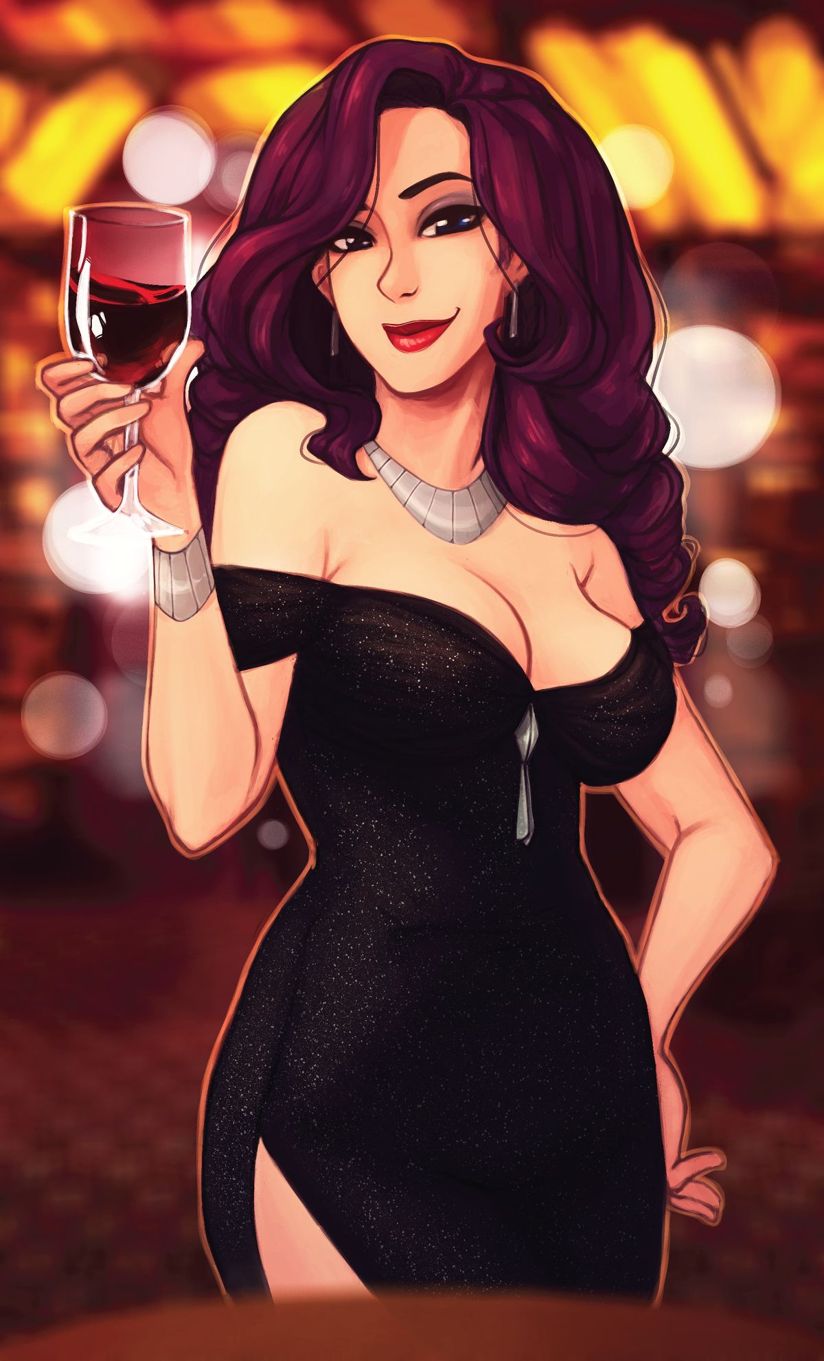 cleavage, doxy, dress, female, friendship is magic, humanized, long hair, my little pony, necklace, purple hair, rarity (mlp), smooth skin, solo, standing, wine, wristband