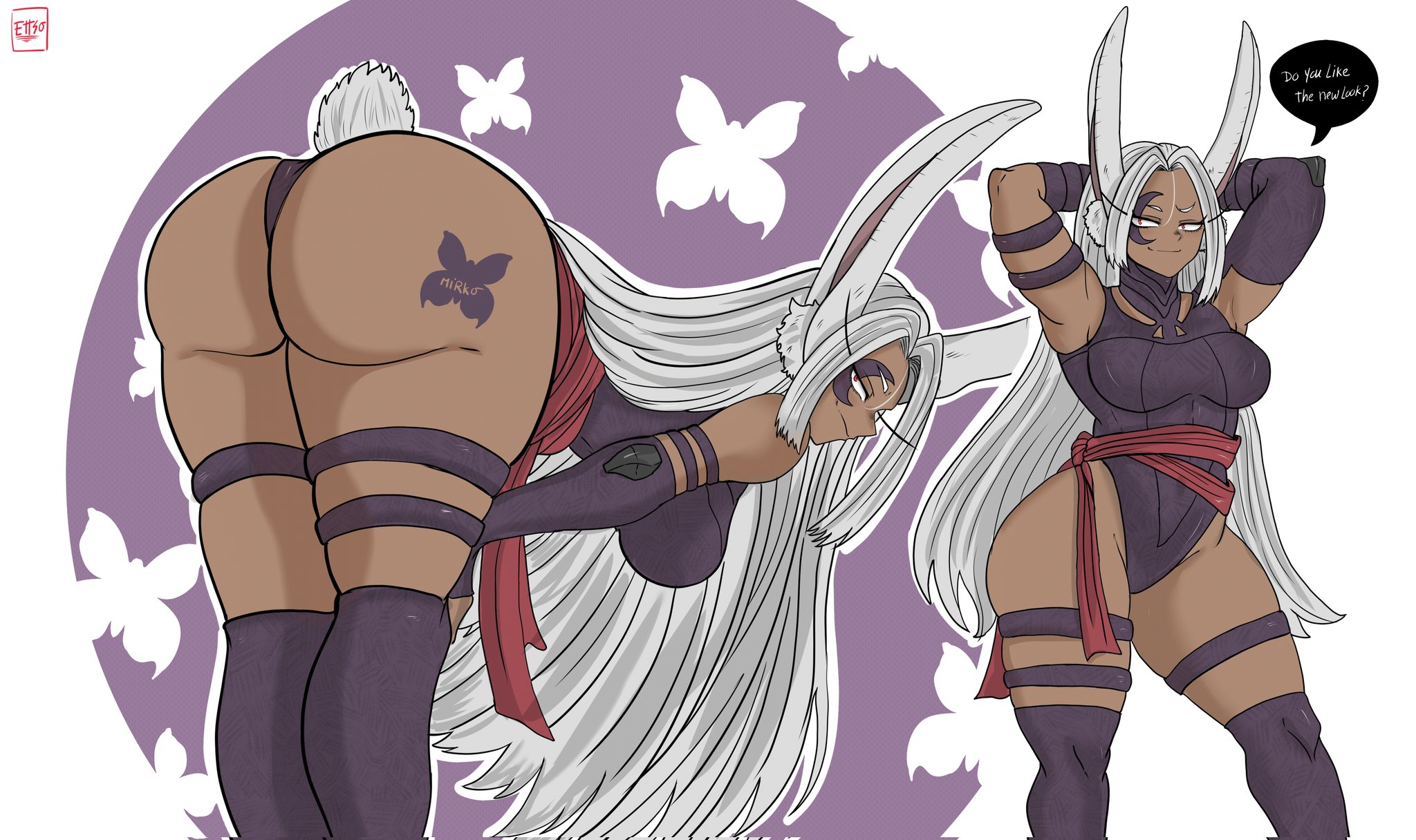 1girls, animal ears, ass, ass tattoo, bending over, bent over, big ass, big breasts, big butt, breasts, bunny ears, bunny girl, bunny tail, clothed, clothed female, clothing, cosplay, dark skin, dark-skinned female, dialogue, english text, ettso, female, female only, huge ass, huge breasts, large ass, large breasts, leotard, long hair, looking at viewer, marvel, marvel comics, marvel rivals, miruko, my hero academia, psylocke (cosplay), purple clothing, purple leotard, rabbit ears, rabbit girl, rabbit tail, red eyes, rumi usagiyama, solo, tattoo, text, thick thighs, thighs, white hair, x-men