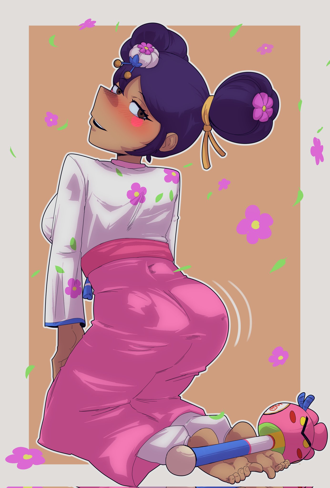 1girls, brawl stars, dark skin, dark-skinned female, feet, female, mandy (brawl stars), on knees, orange thejuice, solo, supercell, tagme