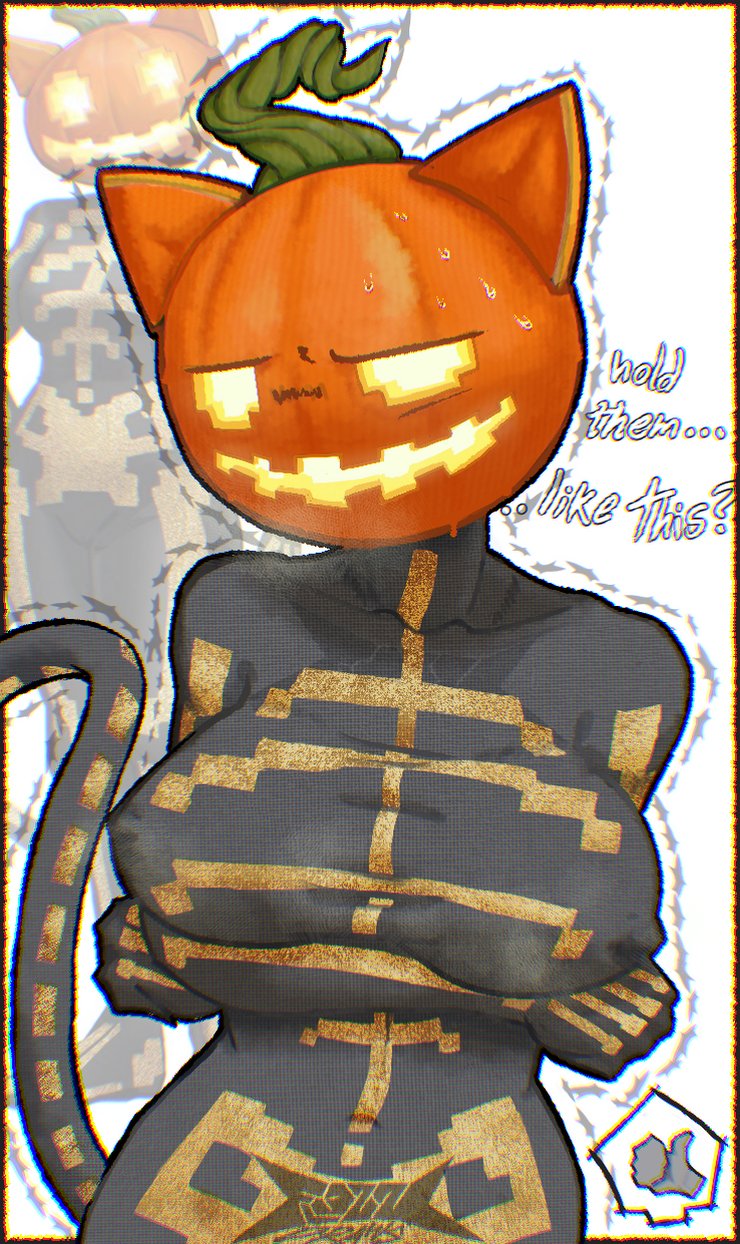 1girls, 2025, anthro, breasts, cat ears, cat girl, cat tail, epic games, female, fortnite, fortnite: battle royale, halloween, hi res, holidays, like icon, looking at viewer, pumpkin, pumpkin head, simple background, skeleton, smile, solo, solo female, spice (fortnite), sweatdrop, tail, text, thick thighs, thighs, trembling, white background