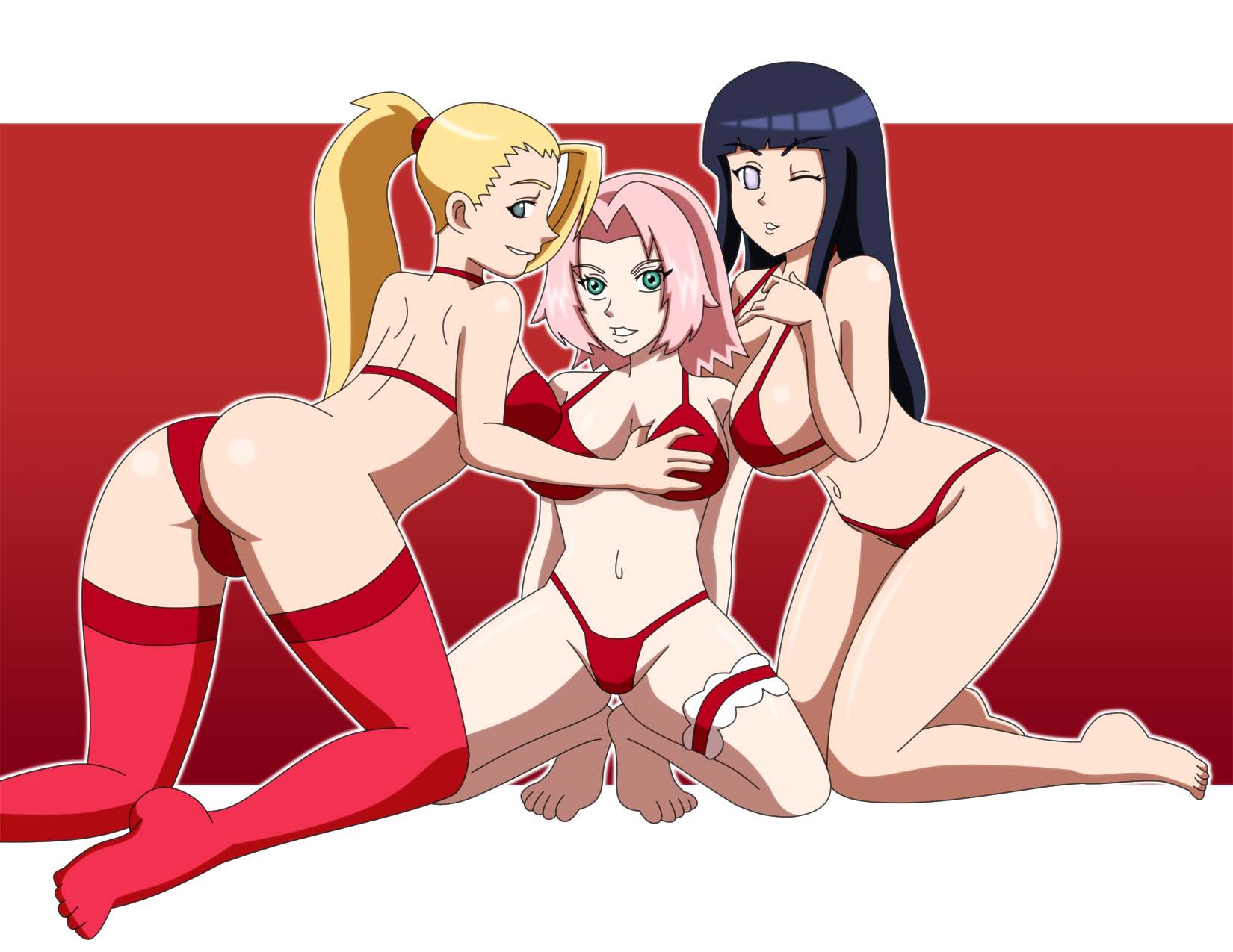 3girls, adult swim, ass, bikini, black hair, blonde hair, bra, breasts, cleavage, female, female only, green eyes, hand on breast, haruno sakura, human, hyuuga hinata, ino yamanaka, large breasts, lingerie, long hair, looking back, multiple females, multiple girls, naruto, naruto (series), navel, pale skin, panties, pervyangel, pink hair, ponytail, purple eyes, red background, red panties, sakura haruno, short hair, spread legs, take your pick, thighhighs, tied hair, toonami, white background, yamanaka ino, yuri