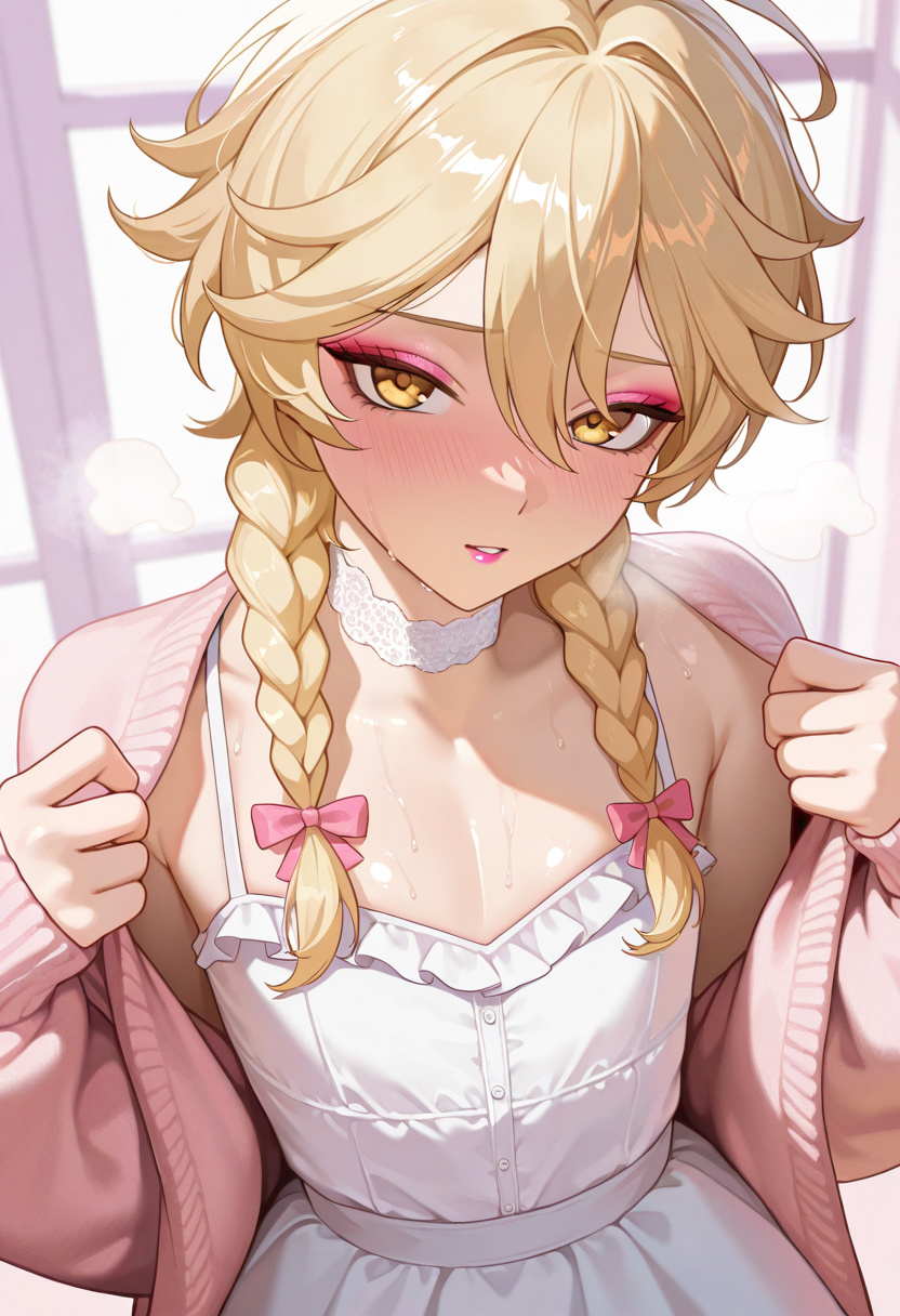 aether (genshin impact), ai, ai art, ai assisted, ai generated, blonde hair, blush, boy, braided hair, cardigan, crossdressing, eyeshadow, femboy, gay, genshin impact, lipstick, looking at viewer, makeup, neronaai, otoko no ko, steam, steaming, sweat, sweating, teasing