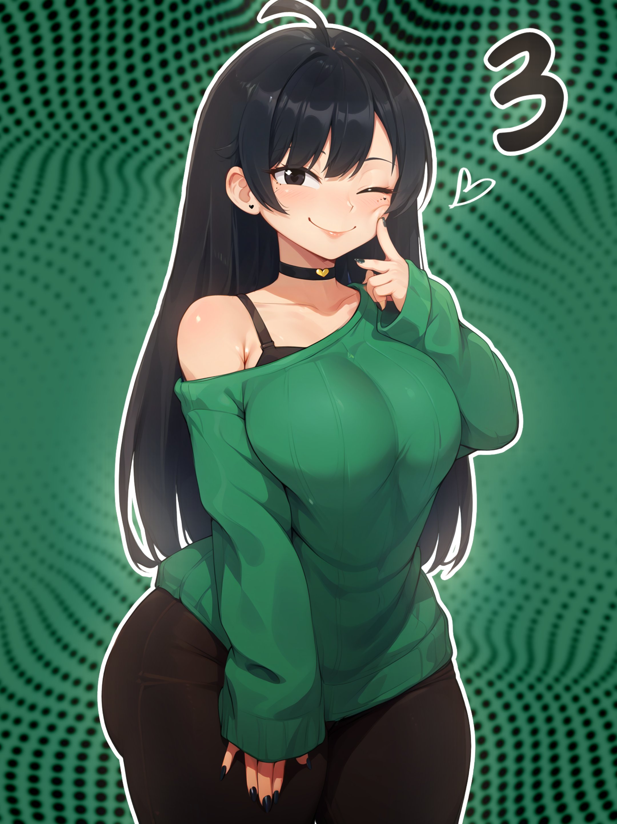 1girls, aged up, ai generated, asian, bra, breasts, codename: kids next door, curvy, female, kuki sanban, long hair, looking at viewer, memch0, numbuh 3, smiling, sweater, wide hips
