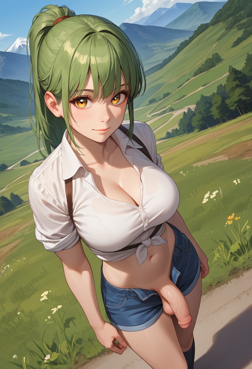 1futa, ai generated, amber eyes, balls, breasts, cleavage, denim shorts, flaccid, from above, futa only, futanari, green hair, high-angle view, intersex, jamesbron, julia m (jamesbron), large breasts, large penis, legwear, long hair, looking at viewer, nature, navel, no panties, open shorts, outdoors, penis, ponytail, shirt, shorts, shorts pull, smile, solo, solo futa, standing, thighs, white shirt