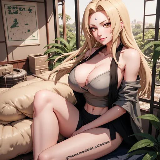 1girls ai_generated big_breasts blonde_hair breasts cleavage clothed clothing female female_only indoors inside mature_female milf naruto naruto_(series) naruto_shippuden no_sex not_porn safe seductive sitting solo solo_female tsunade untoldcreate