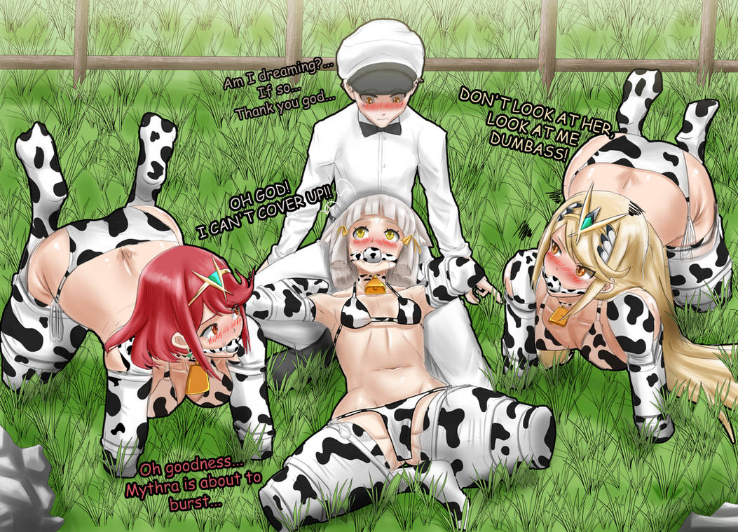 2d 2d_(artwork) armbinder ball_gag bell_collar blush bondage bondage bound chaosblastx collar collar_bell cow_girl cowgirl cowgirl_outfit dominant_male domination femsub gag gagged human human_only humiliated humiliating humiliation jealous legbinder light-skinned_female light_skin male male_domination maledom mythra mythra_(xenoblade) nia nia_(xenoblade) nintendo on_back petplay pyra pyra_(xenoblade) rex_(xenoblade) xenoblade_(series) xenoblade_chronicles_2