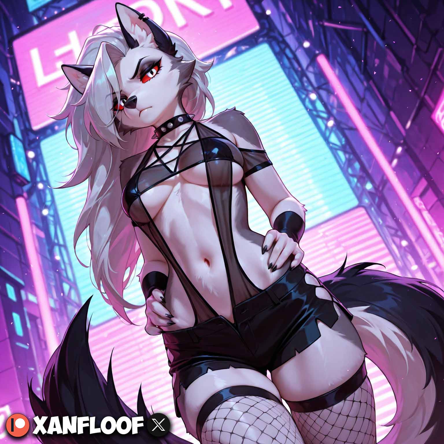 ai generated, animal ears, animal humanoid, anthro, anthro female, anthro only, breasts, female, furry, furry ears, furry female, furry only, furry tail, hazbin hotel, helluva boss, loona, loona (helluva boss), pinup, tail