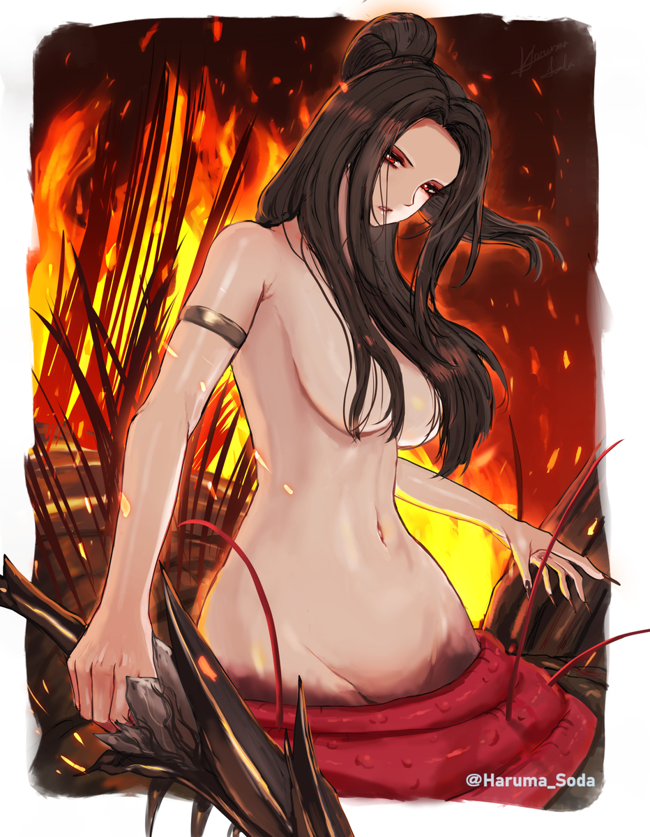 arachne artist_name brown_hair chaos_witch_quelaag dark_souls demon demon_girl fire fromsoftware hair_censor hair_over_breasts haruma_soda long_hair monster_girl nude red_eyes spider spider_girl sword topless weapon