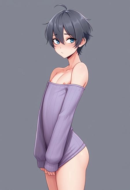 1boy, ai generated, black hair, blue eyes, blush, clothed, femboy, feminine male, looking away, male, male only, nipples, no underwear, short hair, skinny male, sweater, tagme, visible nipples