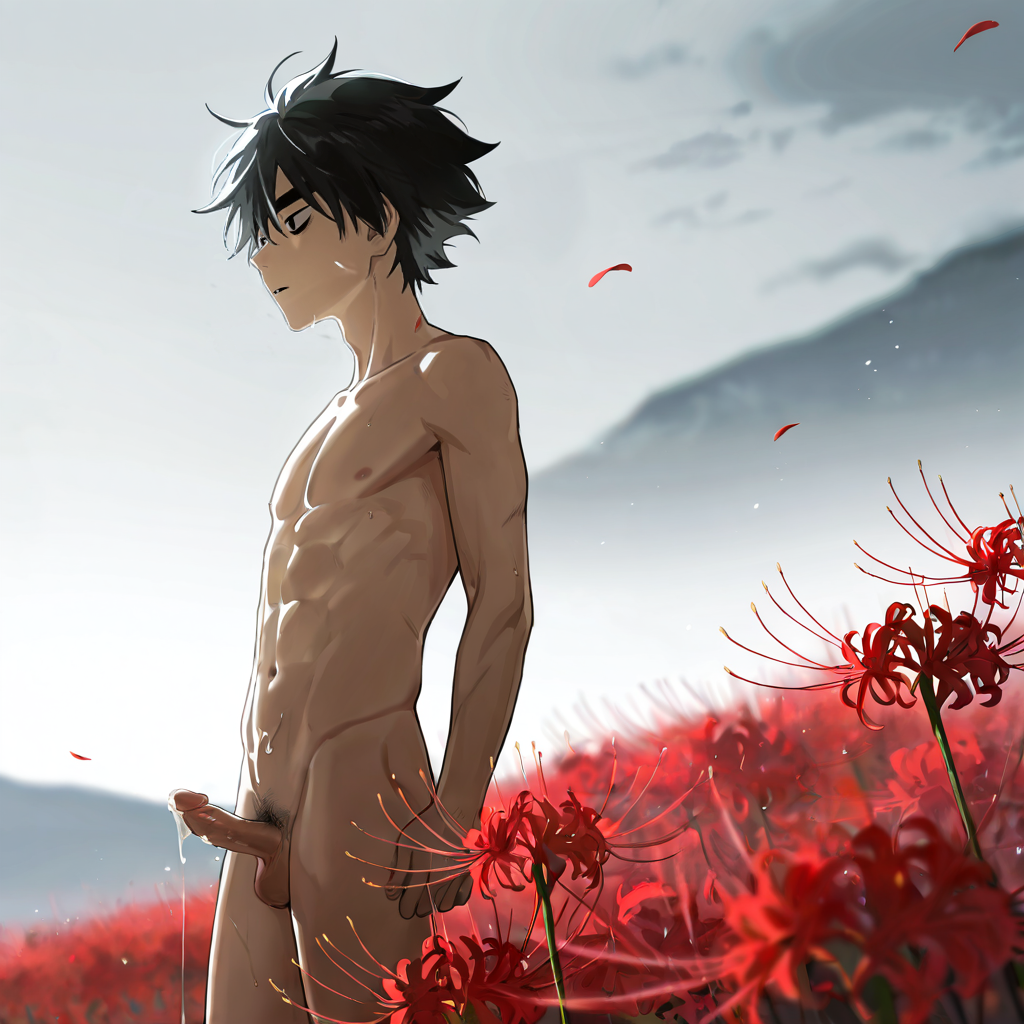 1boy abs ai_generated black_eyes black_hair cum field high_quality high_resolution highres looking_afar looking_away nude red_spider_lily scissor_seven seven_(scissor_seven) solo thick_eyebrows windy