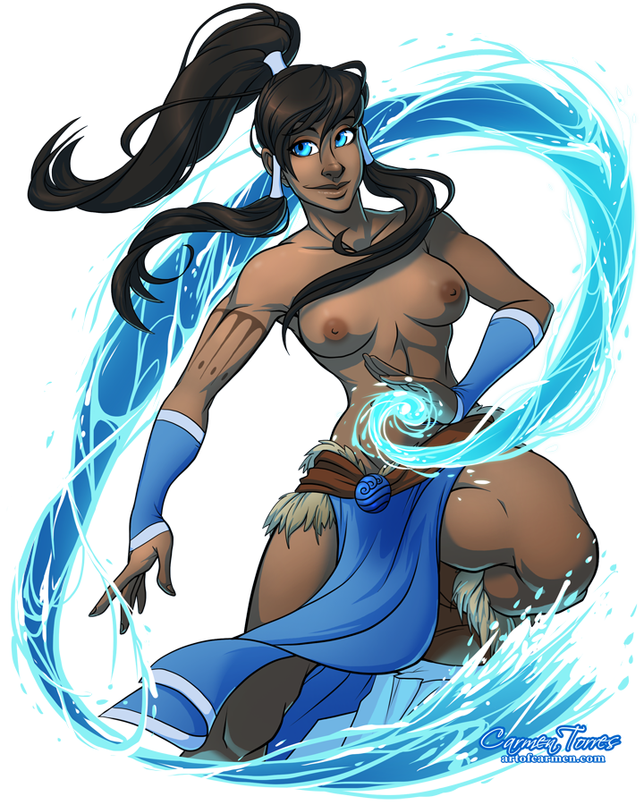 1girls artofcarmen avatar_legends avatar_the_last_airbender blue_eyes breasts brown_hair clothing dark-skinned_female dark_skin female female_only hair_tubes human korra long_hair looking_away medium_breasts navel nipples ponytail smile solo standing straight_hair the_avatar the_legend_of_korra tied_hair water water_tribe waterbending