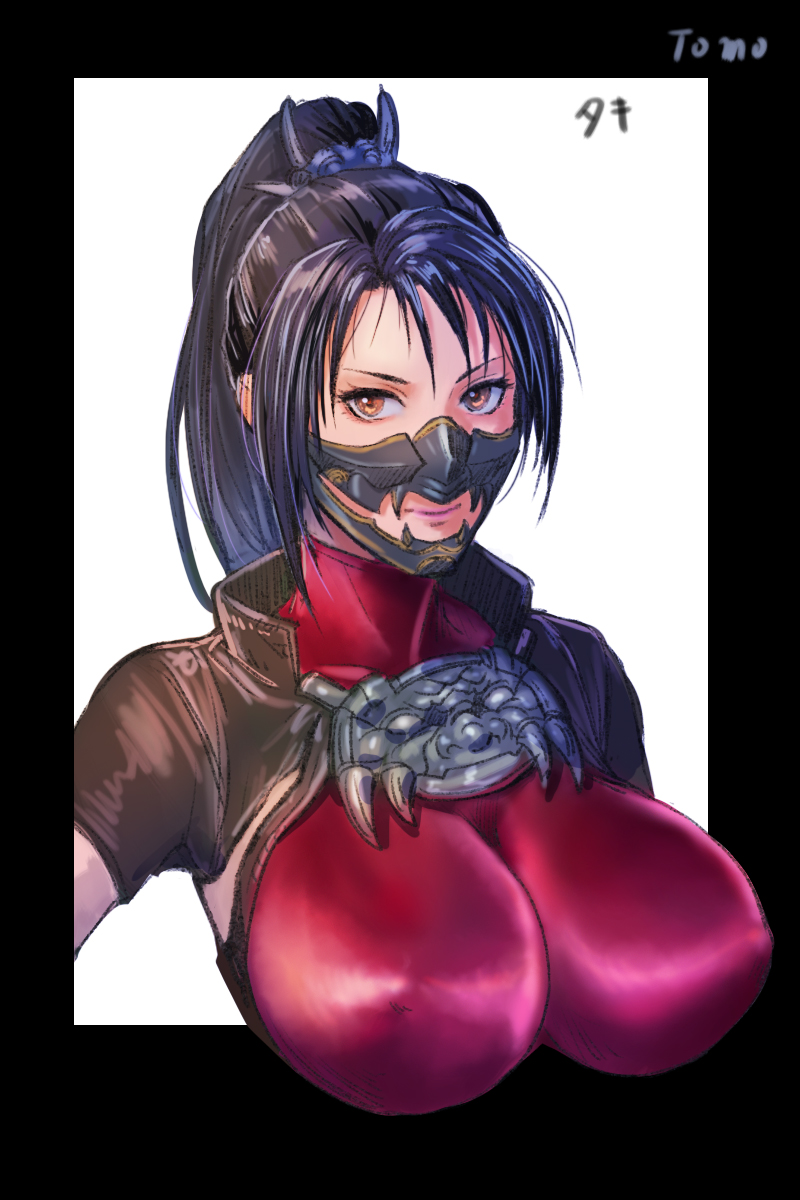 armor bangs black_hair bodysuit breasts brown_eyes clothing erect_nipples erect_nipples_under_clothes female large_breasts long_hair looking_at_viewer mask mouth_mask ninja ninja_mask ponytail red_bodysuit simple_background skin_tight solo soul_calibur taki tied_hair tomo_eokaiteru upper_body white_background