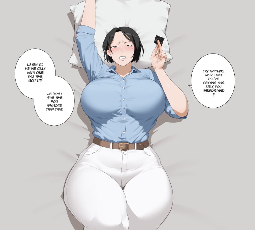 bed black_hair bully condom cucked_by_bully duplicate holding_condom imminent_sex milf mother netorare solo_female soraoraora thick_thighs