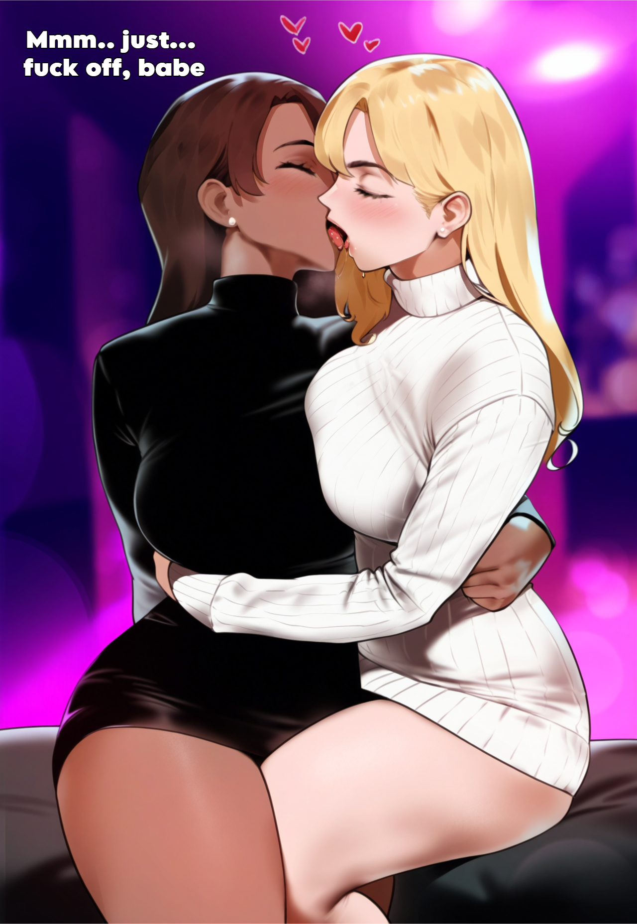2girls, ai generated, bare legs, bare thighs, big breasts, blonde hair, blush, breasts, brown eyes, brown hair, cheating, clothed, clothing, color, coomersucc, dark skin, dark-skinned female, dress, english text, female, female focus, female only, green eyes, hi res, kissing, large breasts, lesbian kiss, light skin, light-skinned female, long hair, netorare, ntr, original character, solo female, text, thick thighs, yuri