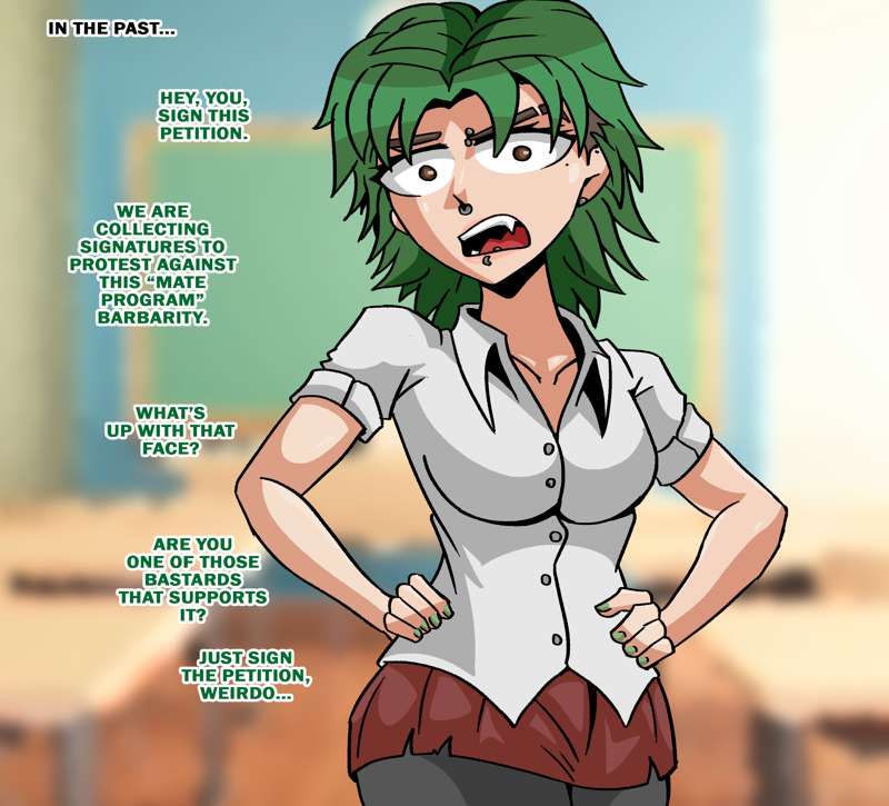1girls, english text, eyebrow piercing, female, green hair, legalized rape, nose piercing, original, piercings, rattminded