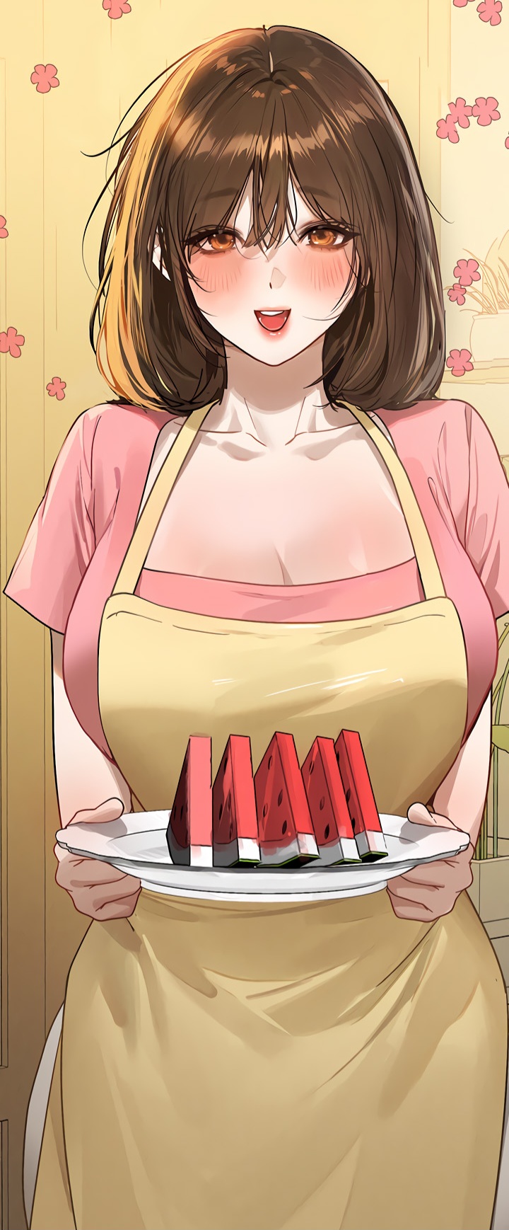 1girls apron blush breasts brown_hair cleavage large_breasts lips lipstick looking_at_viewer manhwa my_landlady_noona orange_eyes seo_hari shirt short_hair watermelon