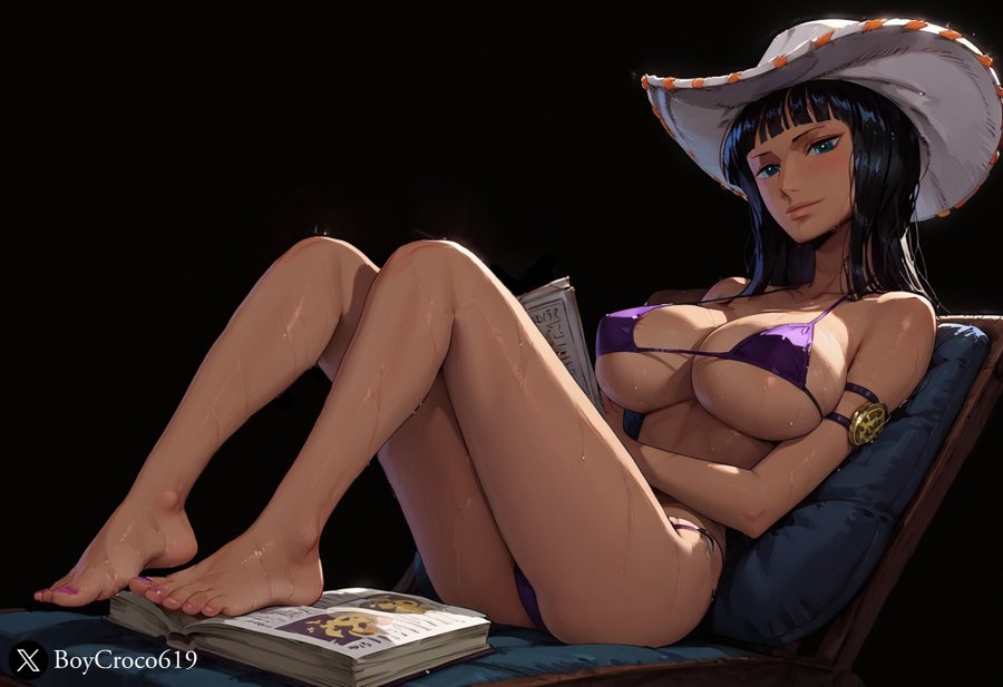 1girls ai_generated bangs big_breasts bikini black_hair blue_eyes book boycroco619 clothing cowboy_hat feet female female_only nico_robin one_piece tan_body