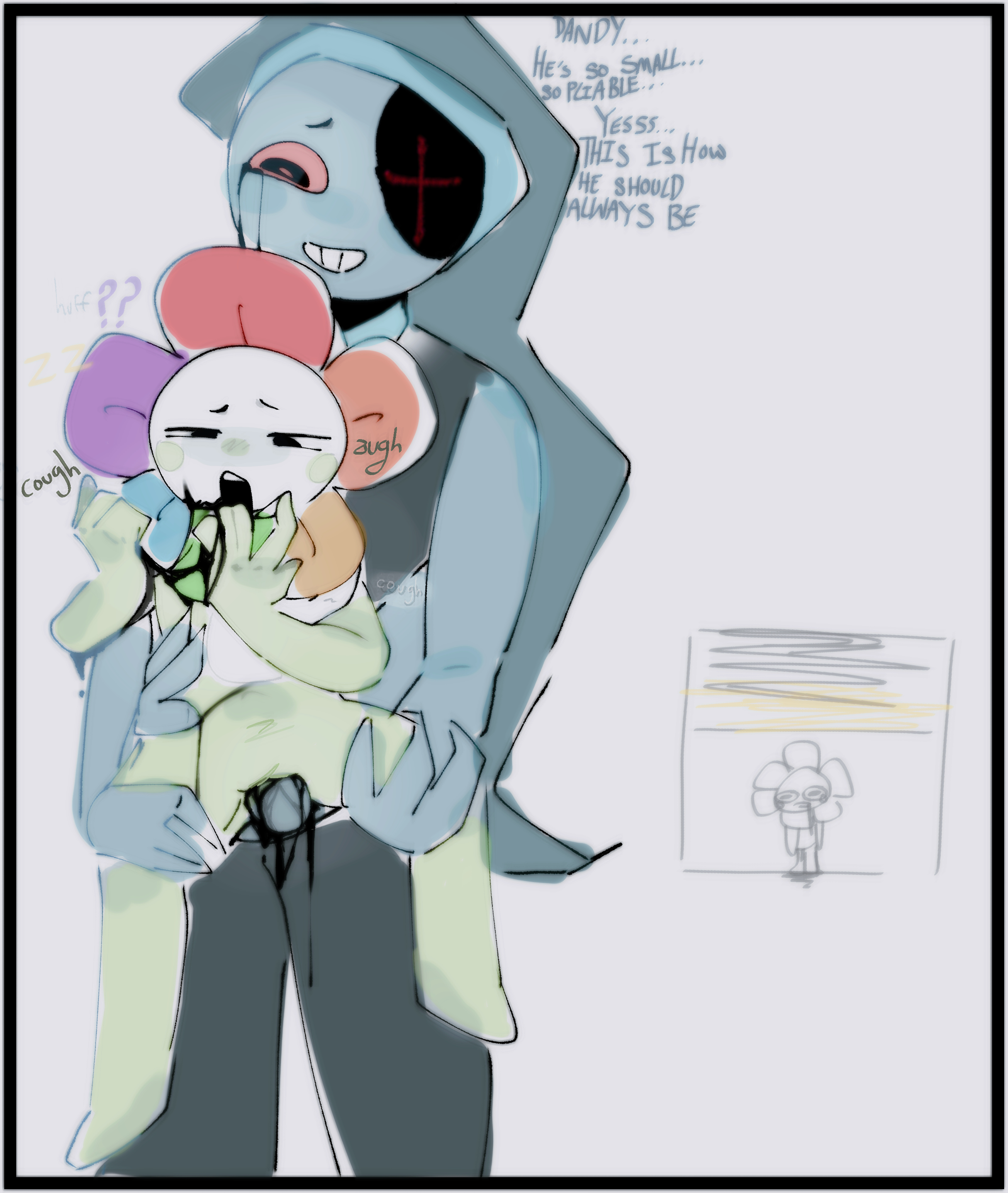 2boys, 4 arms, astro (dandy's world), black cum, blue body, colored cum, crawliewalie, cuntboy, dandy (dandy's world), dandy's world, green body, intersex, large penis, male, moonflower (dandy's world), multi arm, multi limb, open mouth, penis, pussy, simple background, size difference, text, twisted astro (dandy's world), unusual cum, vaginal penetration