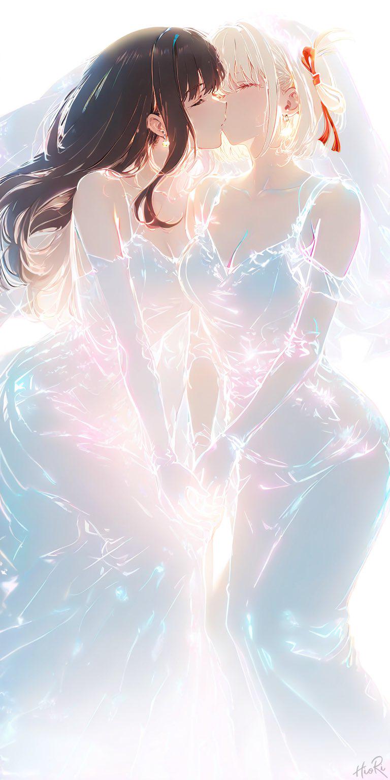 2d, 2girls, female, female only, hiori, hiori 700353, inoue takina, kissing, lesbian couple, lesbian kiss, lycoris recoil, nishikigi chisato, wedding dress, wedding veil, wholesome, yuri