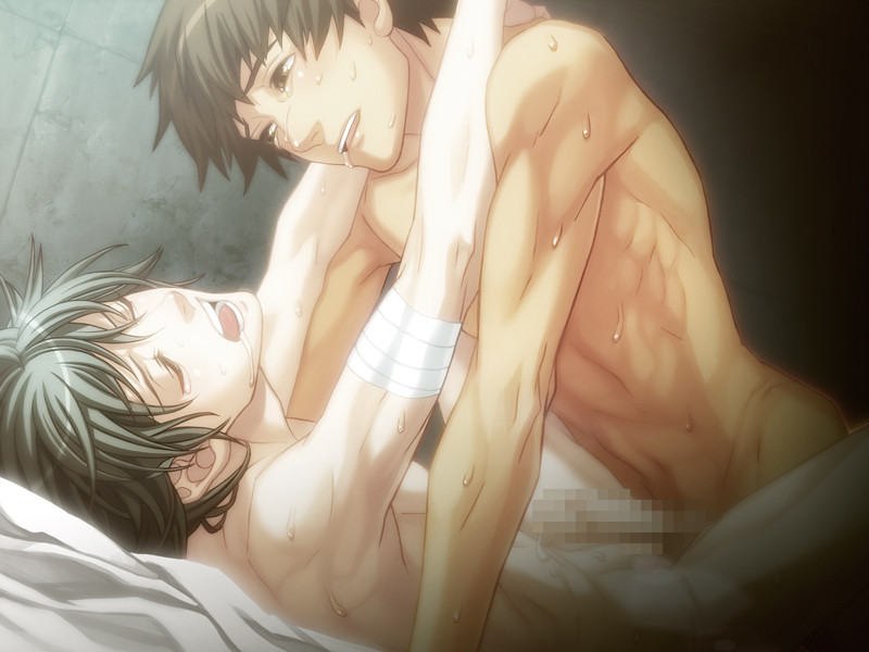 2boys akira_(togainu_no_chi) arm_support bandage black_hair brown_eyes brown_hair censored closed_eyes couple drool duo dutch_angle gay hug human human_only indoors keisuke_(togainu_no_chi) looking_at_another male male_only missionary_position moan moaning multiple_boys multiple_males neck nitro+_chiral nude open_mouth penis saliva sex sweat togainu_no_chi yaoi