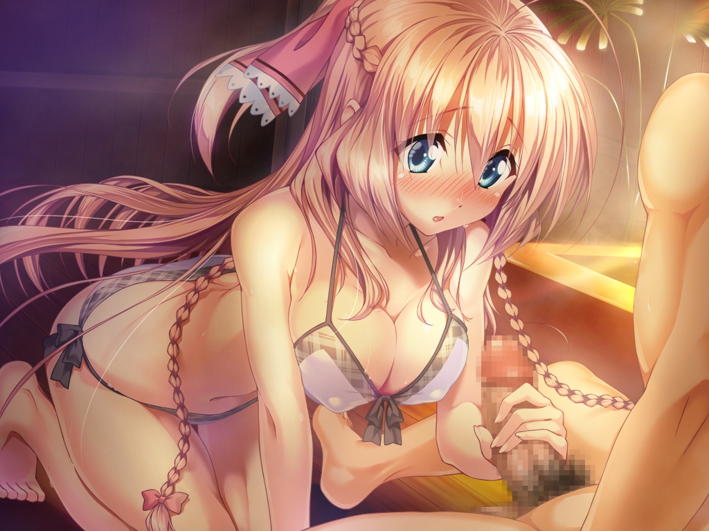 aozora_stripe barefoot blonde_hair blue_eyes blush braid breasts censored collarbone female game_cg hair_ribbon large_breasts long_hair navel nipples penis piromizu ribbon sawatari_kotone twin_braids