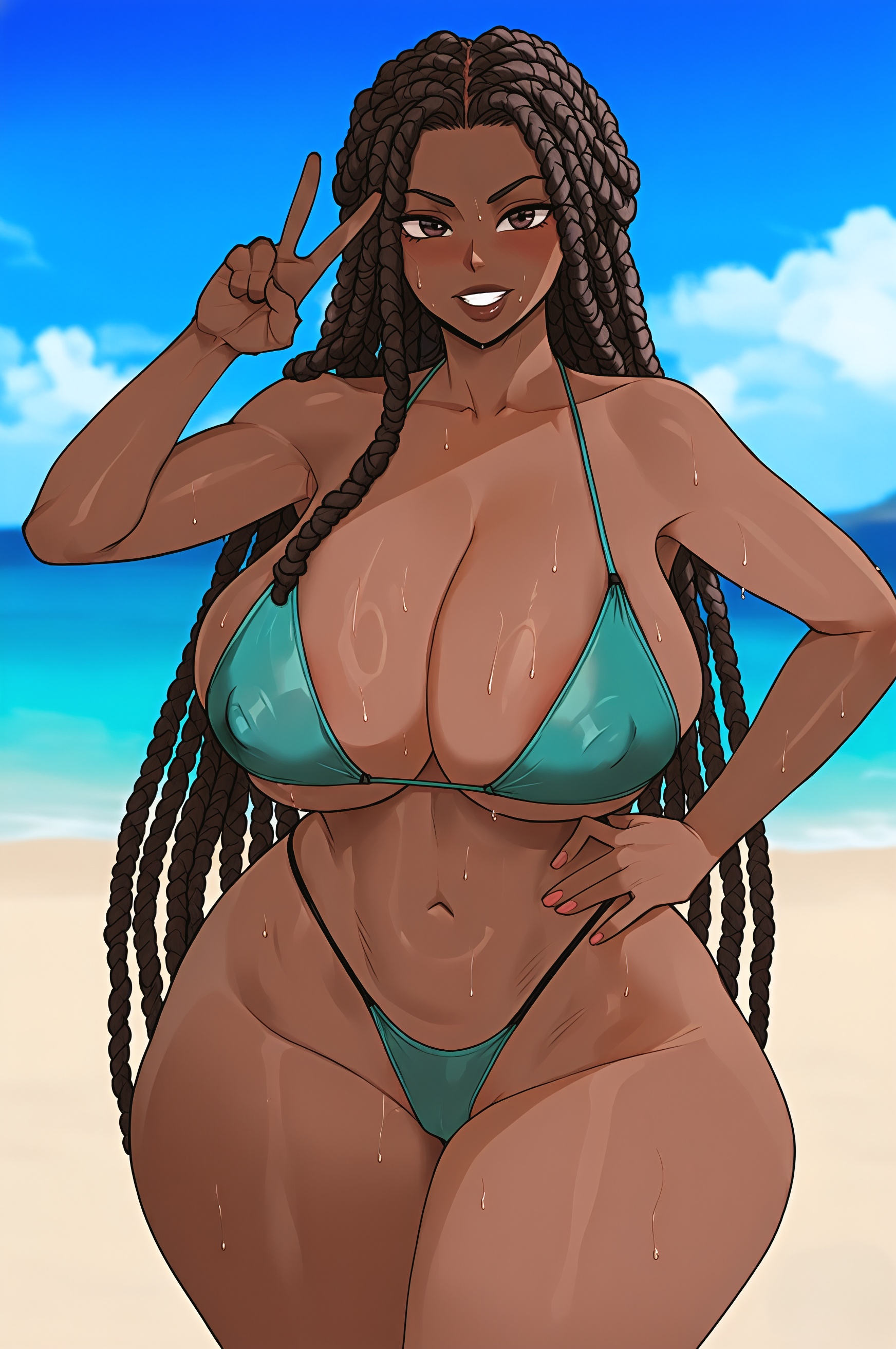 1girls, african female, ai generated, big breasts, bikini, black woman, blushing, blushing at viewer, breasts, brown eyes, brown hair, cleavage, dark skin, dark-skinned female, dreadlocks, female, female only, green bikini, hand on hip, hips, huge breasts, long hair, looking at viewer, mature, mature female, mature woman, milf, mrtecta, original, original character, peace sign, thick, thick lips, thick thighs, wet clothes