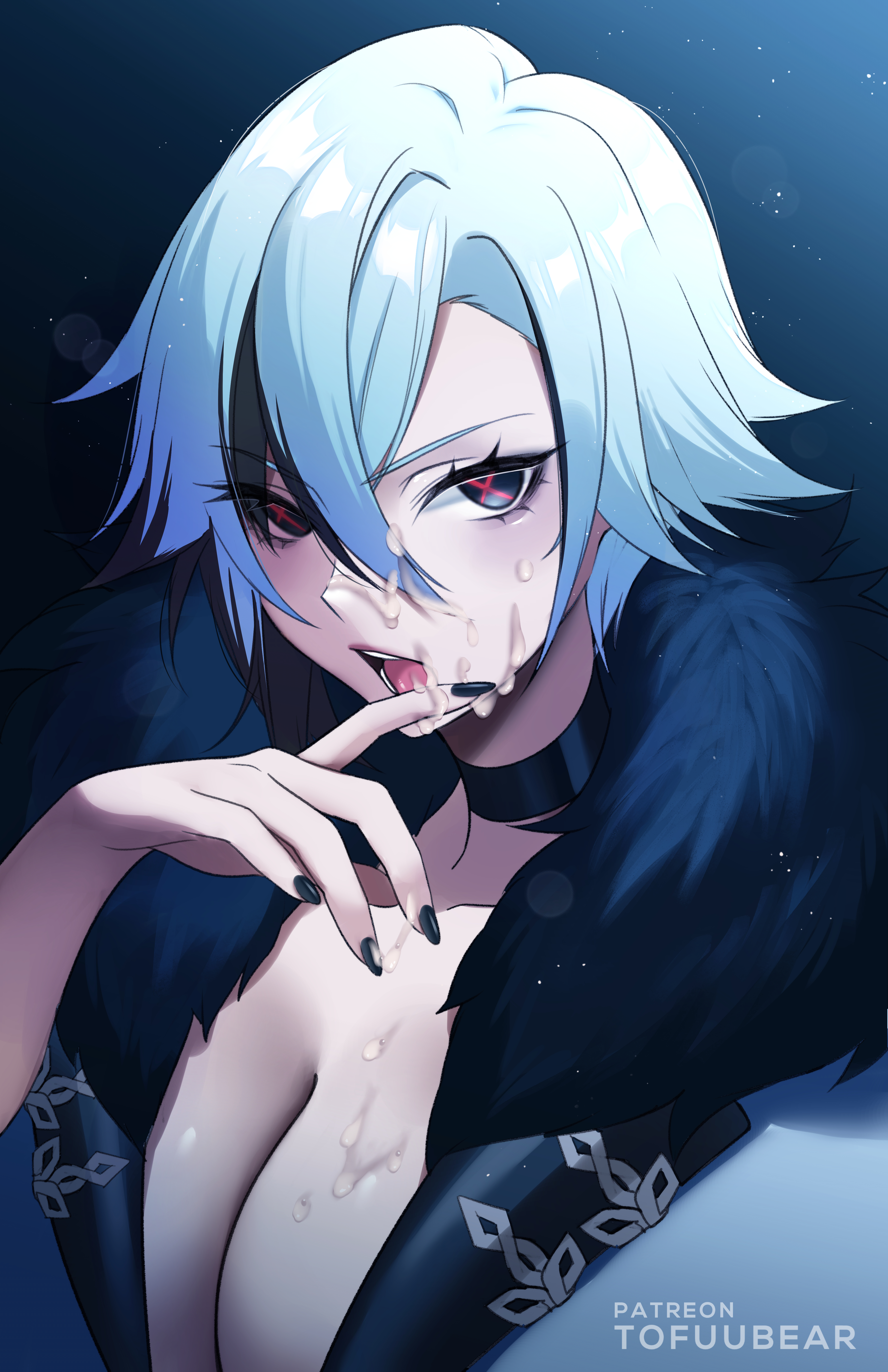 1girls, arlecchino (genshin impact), cleavage, cum, female, genshin impact, tagme
